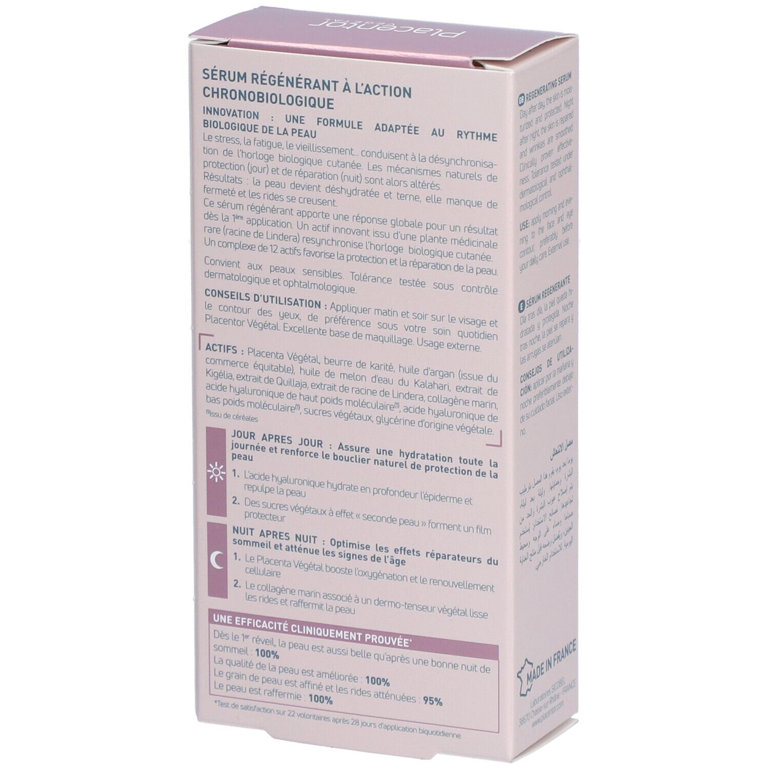 Placentor VEGETAL SÉRUM RÉGÉNÉRANT. Boîte rose. Texte: Sérum Régénérant à l'action chronobiologique. Ingrédients.