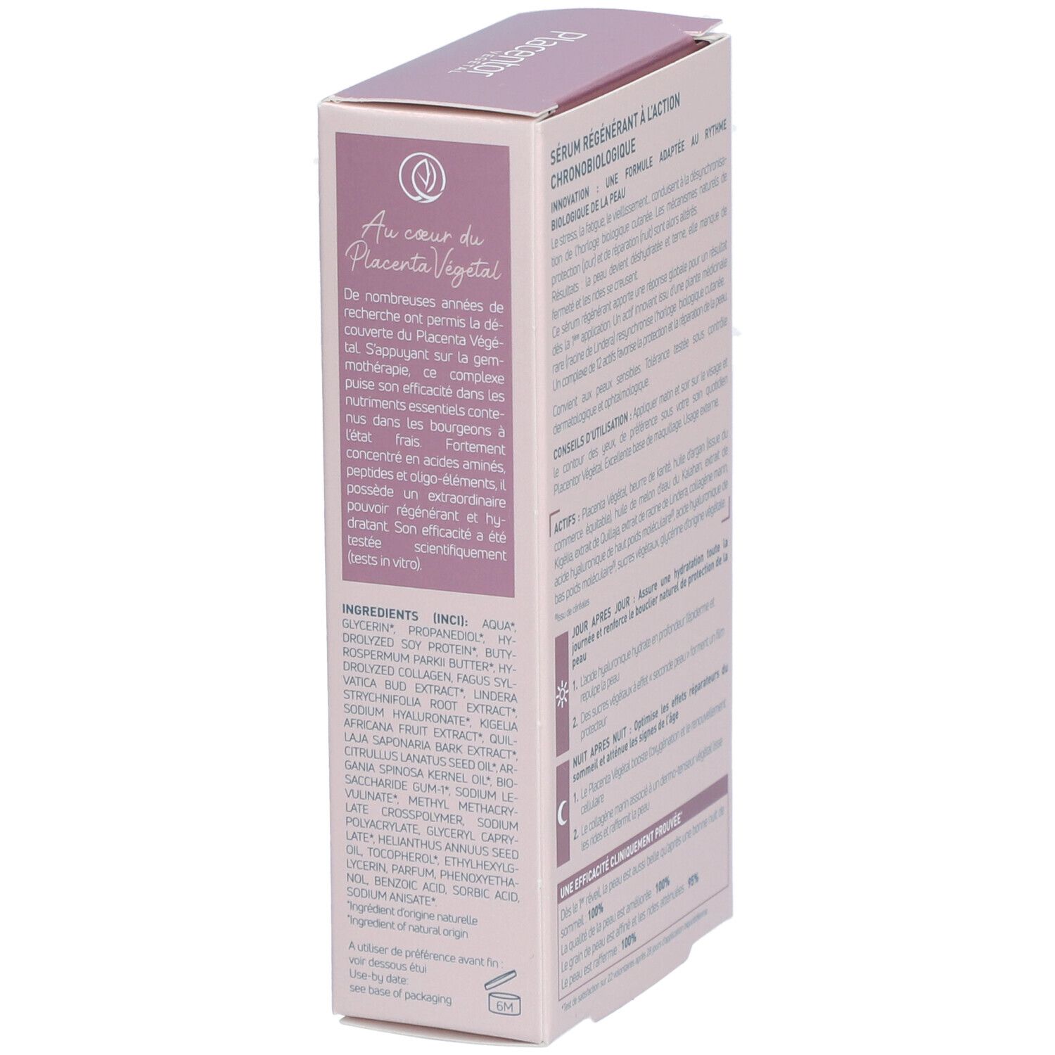 Placentor VEGETAL SÉRUM RÉGÉNÉRANT. Boîte rose. Texte: Au cœur du Placenta Végétal. Ingrédients.