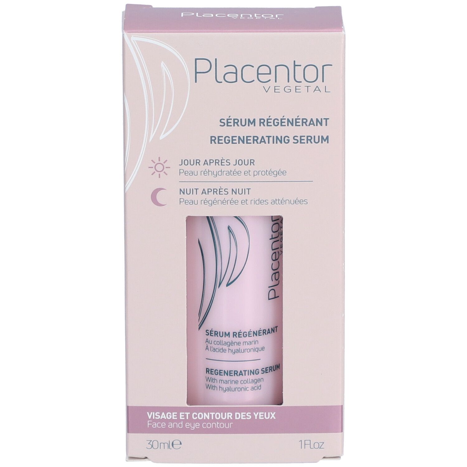 Placentor VEGETAL SÉRUM RÉGÉNÉRANT. Boîte rose avec flacon. Texte: Sérum Régénérant, Visage et contour des yeux.