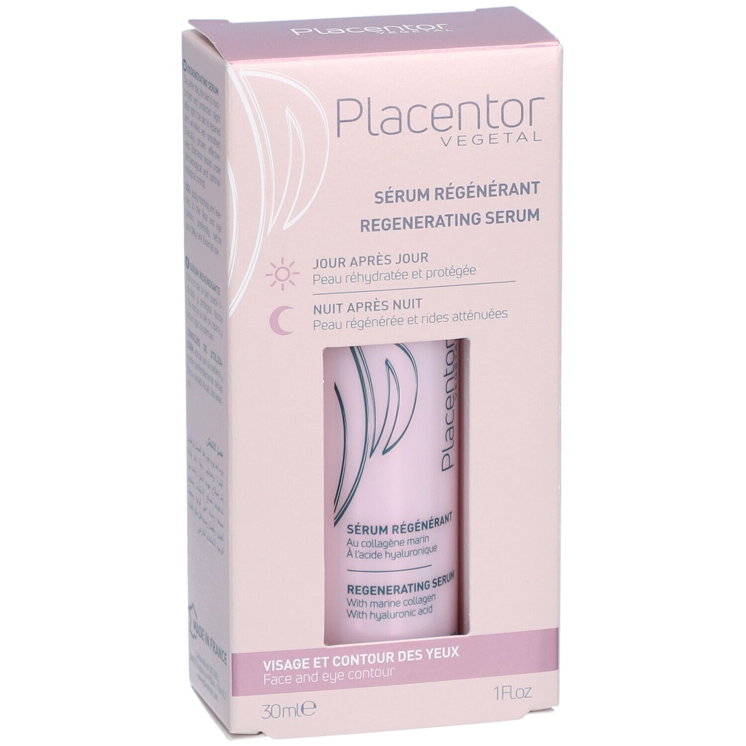 Placentor VEGETAL SÉRUM RÉGÉNÉRANT. Boîte rose avec flacon. Texte: Sérum Régénérant, Visage et contour des yeux.