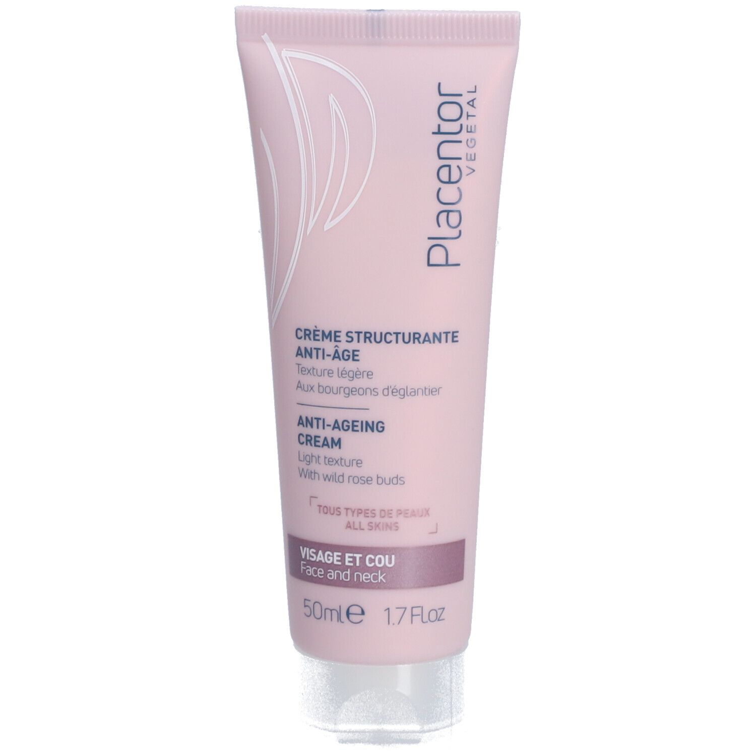 Tube rose avec bouchon blanc. Texte: Crème Structurante Anti-Âge, Anti-Ageing Cream. 50ml.