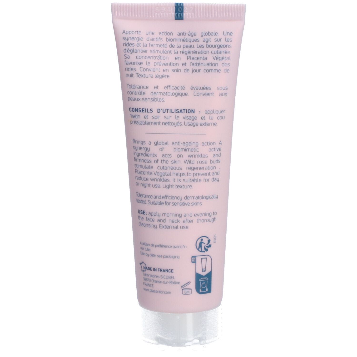 Dos du tube rose. Texte: Conseils d'utilisation, ingrédients. Fabriqué en France.