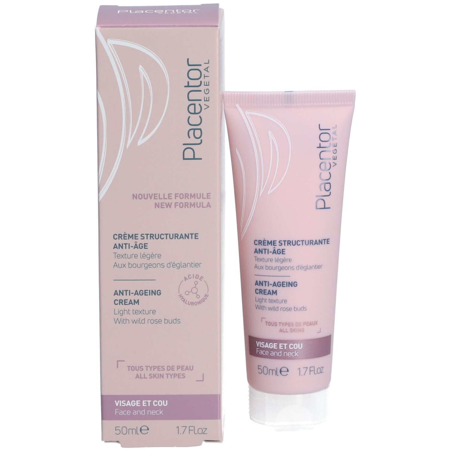 Tube et boîte roses. Texte: Crème Structurante Anti-Âge, Anti-Ageing Cream. 50ml. Nouvelle formule.