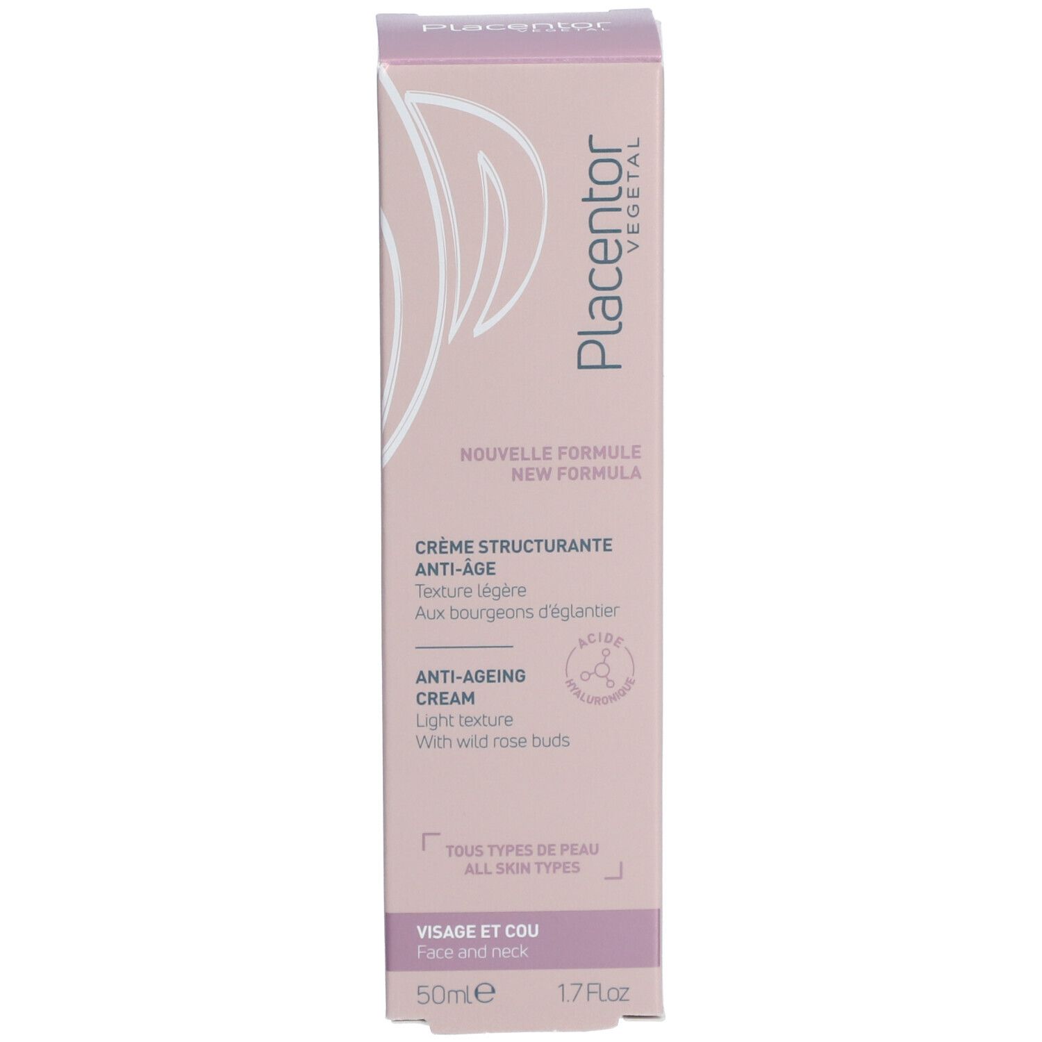 Boîte rose. Texte: Crème Structurante Anti-Âge, Anti-Ageing Cream. 50ml. Nouvelle formule.