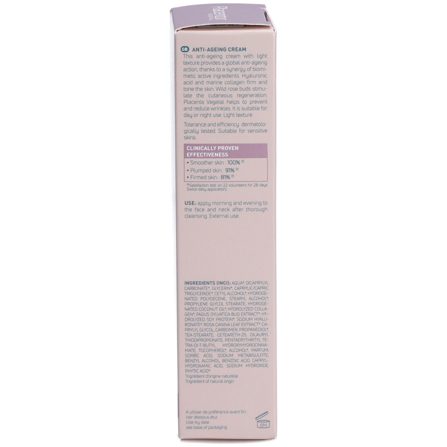 Boîte, texte: Anti-Ageing Cream. Efficacité cliniquement prouvée. Ingrédients.