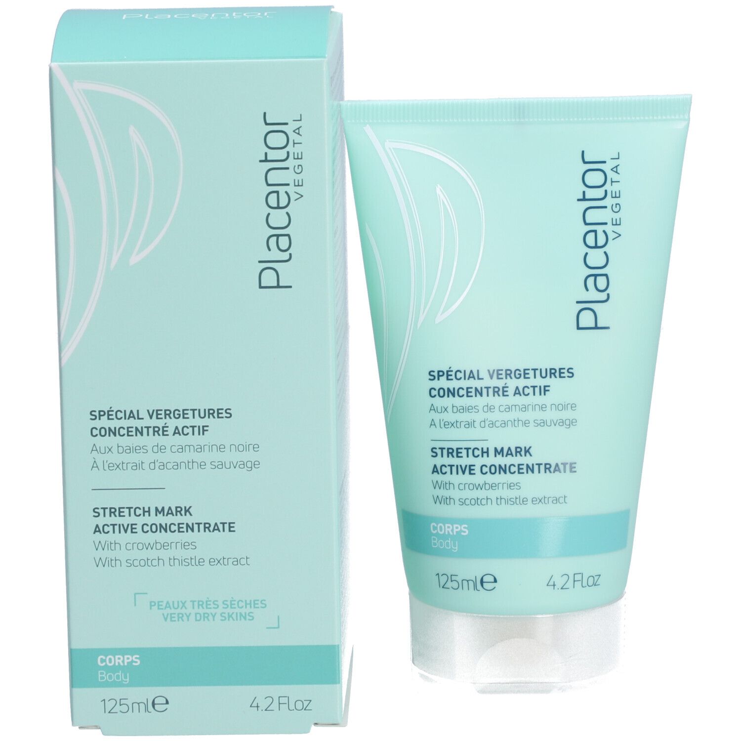 Produit et emballage. Tube et boîte vert clair. Texte: SPÉCIAL VERGETURES CONCENTRÉ ACTIF, STRETCH MARK ACTIVE CONCENTRATE. 125ml.