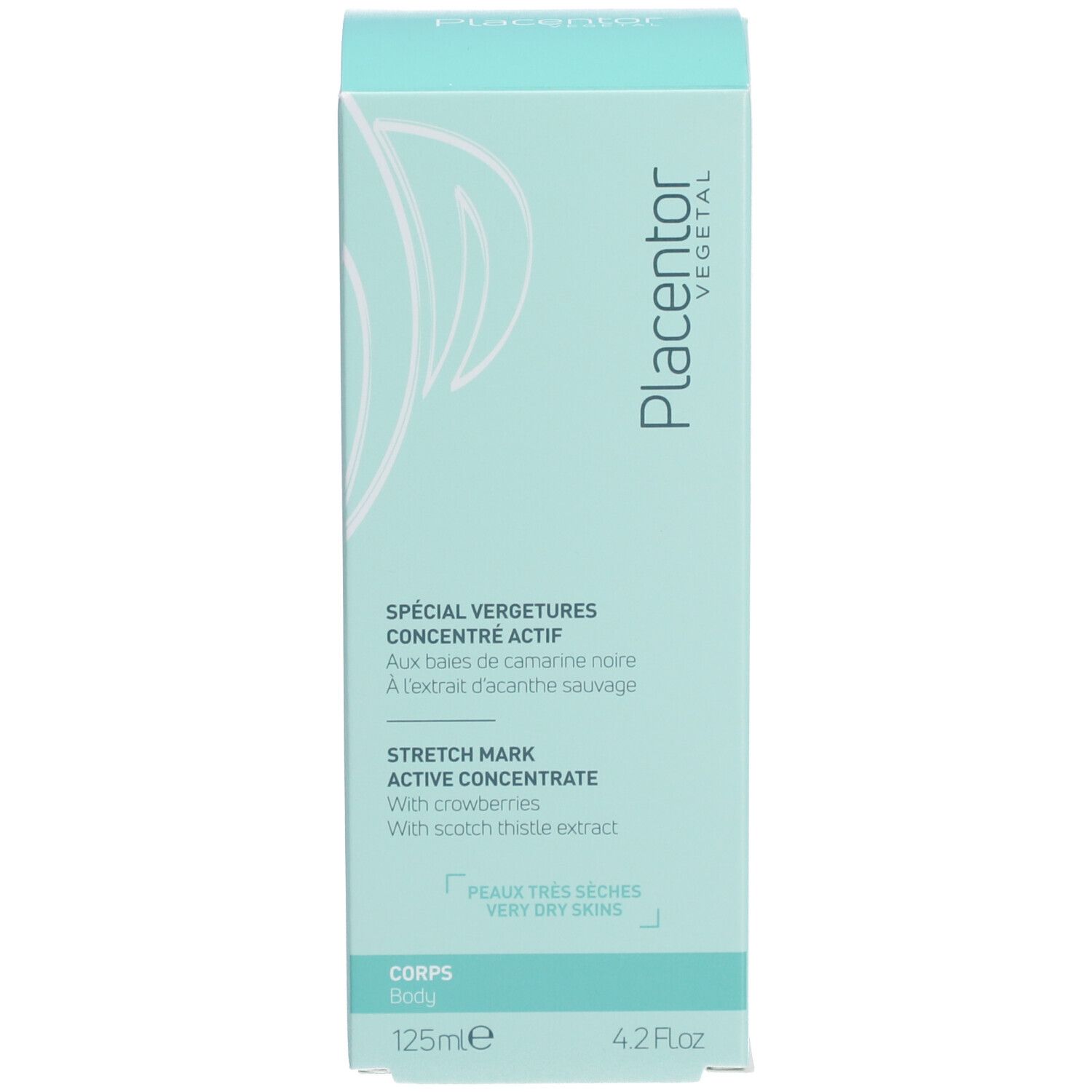 Boîte vert clair. Texte: SPÉCIAL VERGETURES CONCENTRÉ ACTIF, STRETCH MARK ACTIVE CONCENTRATE. 125ml.