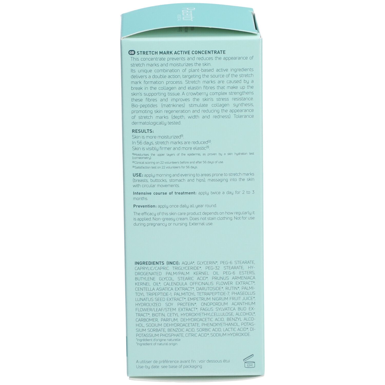 Côté de la boîte. Texte: STRETCH MARK ACTIVE CONCENTRATE, conseils d'utilisation, ingrédients.