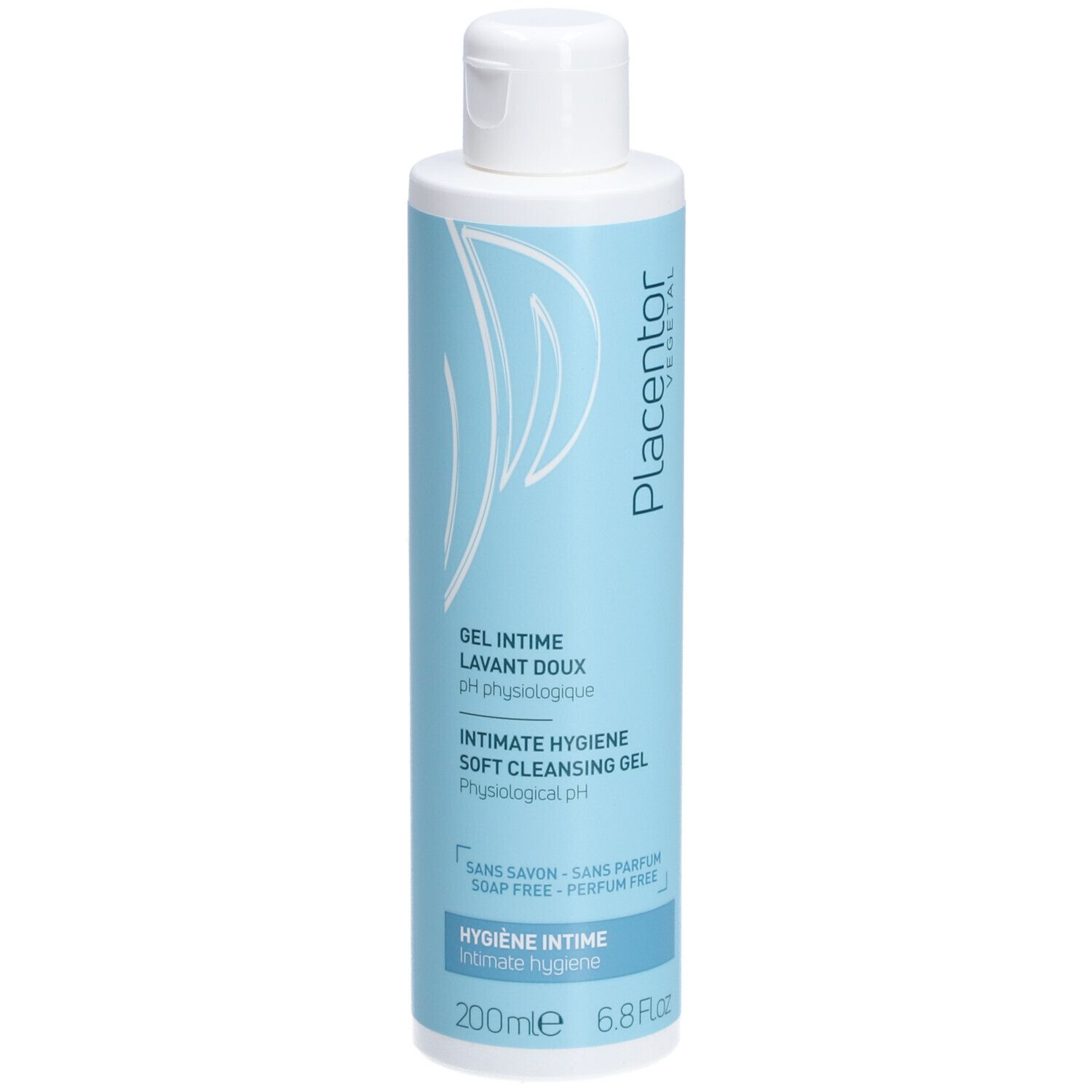 Flacon bleu clair avec bouchon blanc. Inscription : Placentor, Gel Intime Lavant Doux, Intimate Hygiene Soft Cleansing Gel.
