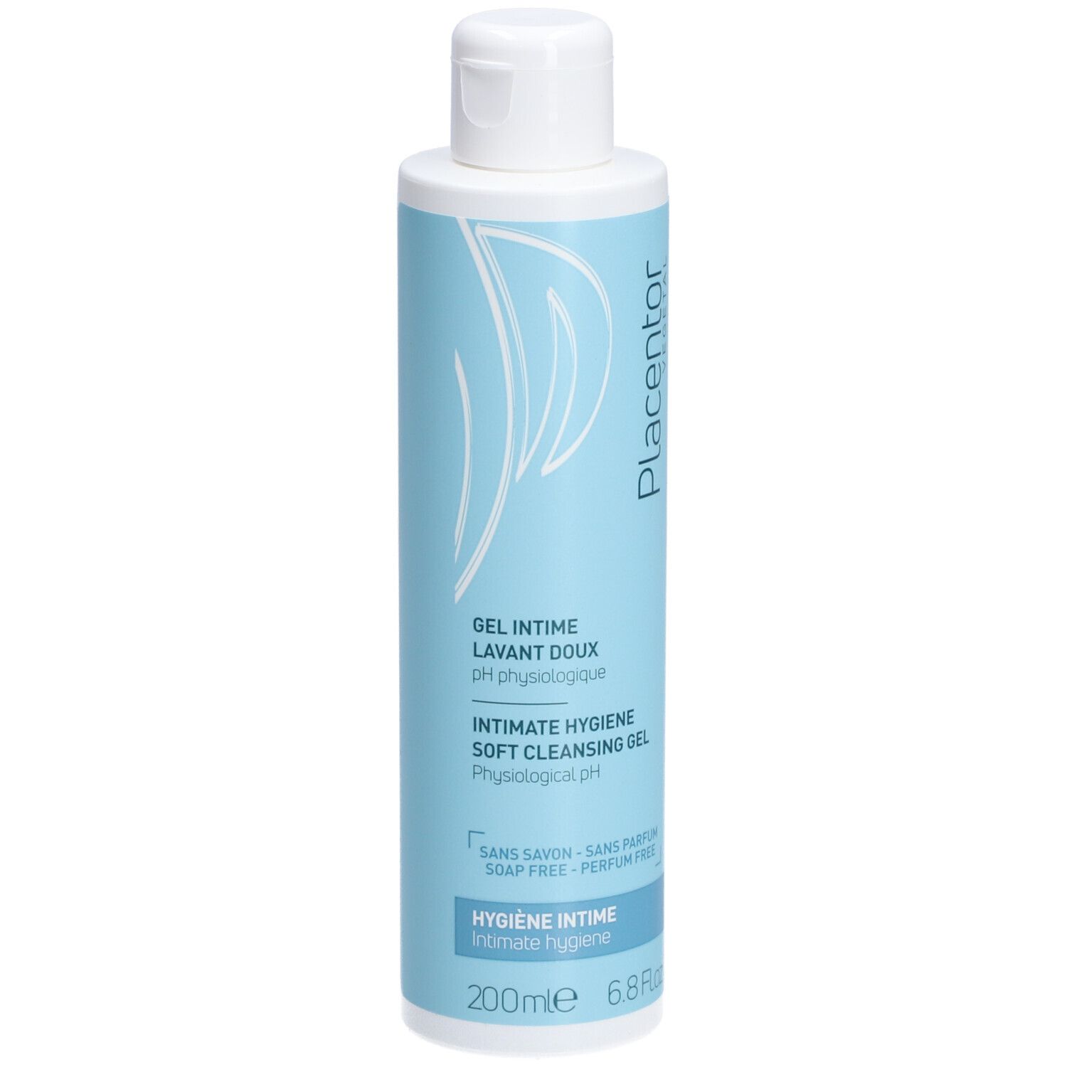 Flacon bleu clair avec bouchon blanc. Inscription : Placentor, Gel Intime Lavant Doux, Intimate Hygiene Soft Cleansing Gel.