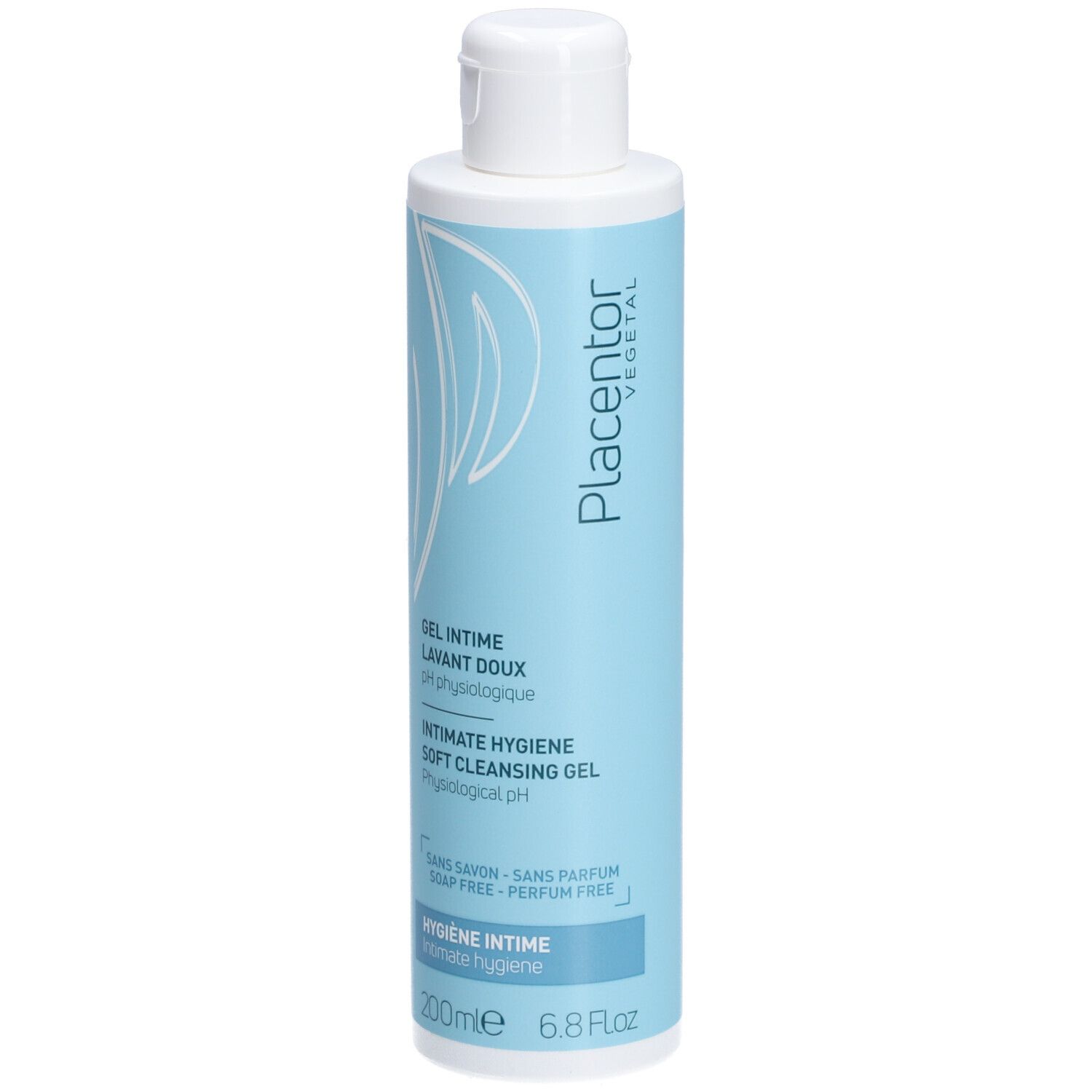 Flacon bleu clair avec bouchon blanc. Inscription : Placentor Vegetal, Gel Intime Lavant Doux, Intimate Hygiene Soft Cleansing Gel.