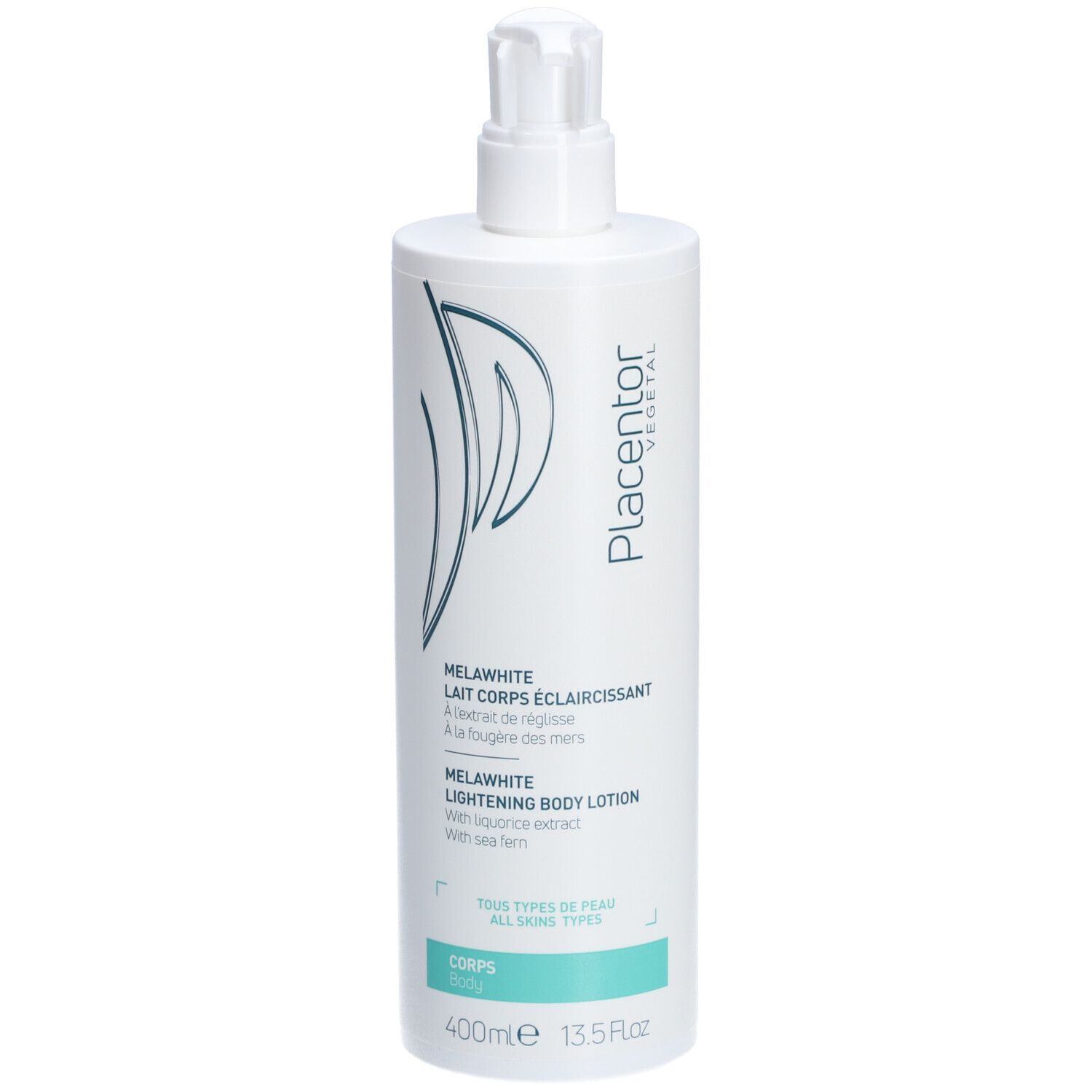 Flacon blanc avec pompe. Texte: MÉLAWHITE LAIT CORPS ÉCLAIRCISSANT, LIGHTENING BODY LOTION. Marque: Placentor Vegetal.