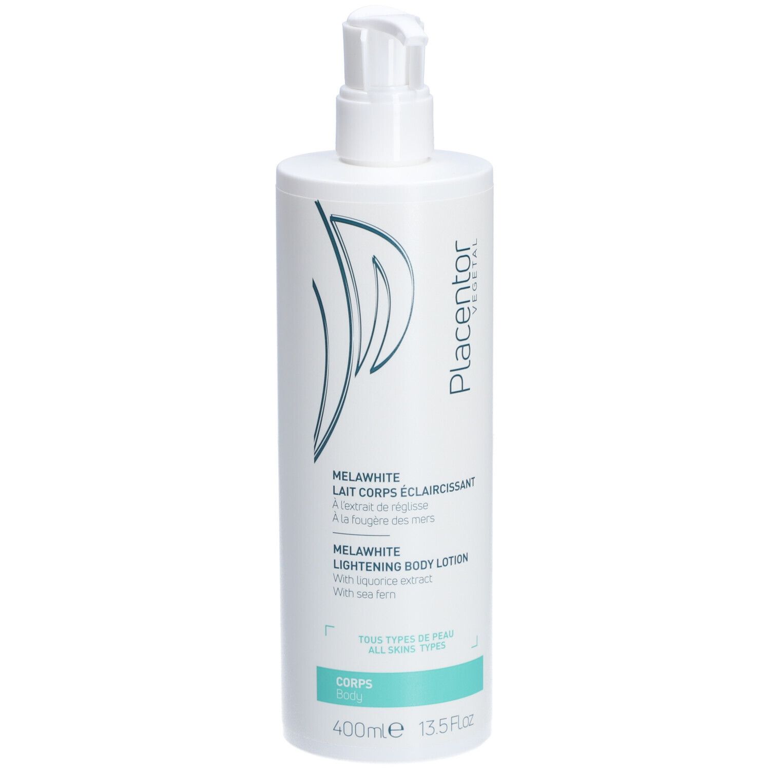 Flacon blanc avec pompe. Texte: MÉLAWHITE LAIT CORPS ÉCLAIRCISSANT, LIGHTENING BODY LOTION. Marque: Placentor Vegetal.