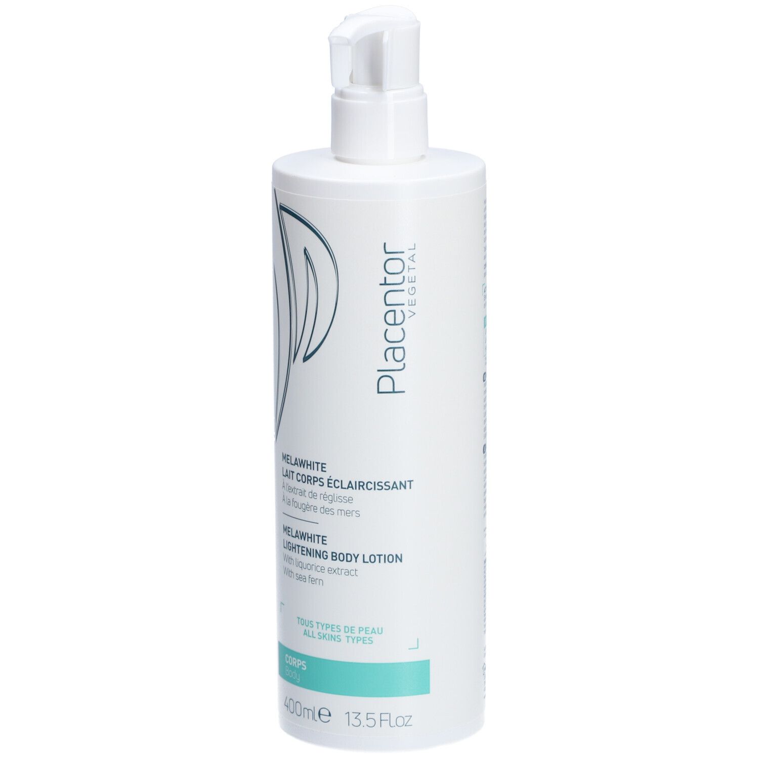 Flacon blanc avec pompe. Texte: MÉLAWHITE LAIT CORPS ÉCLAIRCISSANT, LIGHTENING BODY LOTION. Marque: Placentor Vegetal.