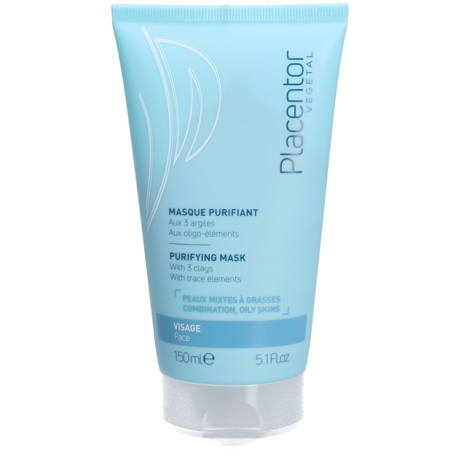 Tube bleu clair avec texte. "Masque purifiant" et "Purifying Mask" sont visibles. Contenance: 150ml.