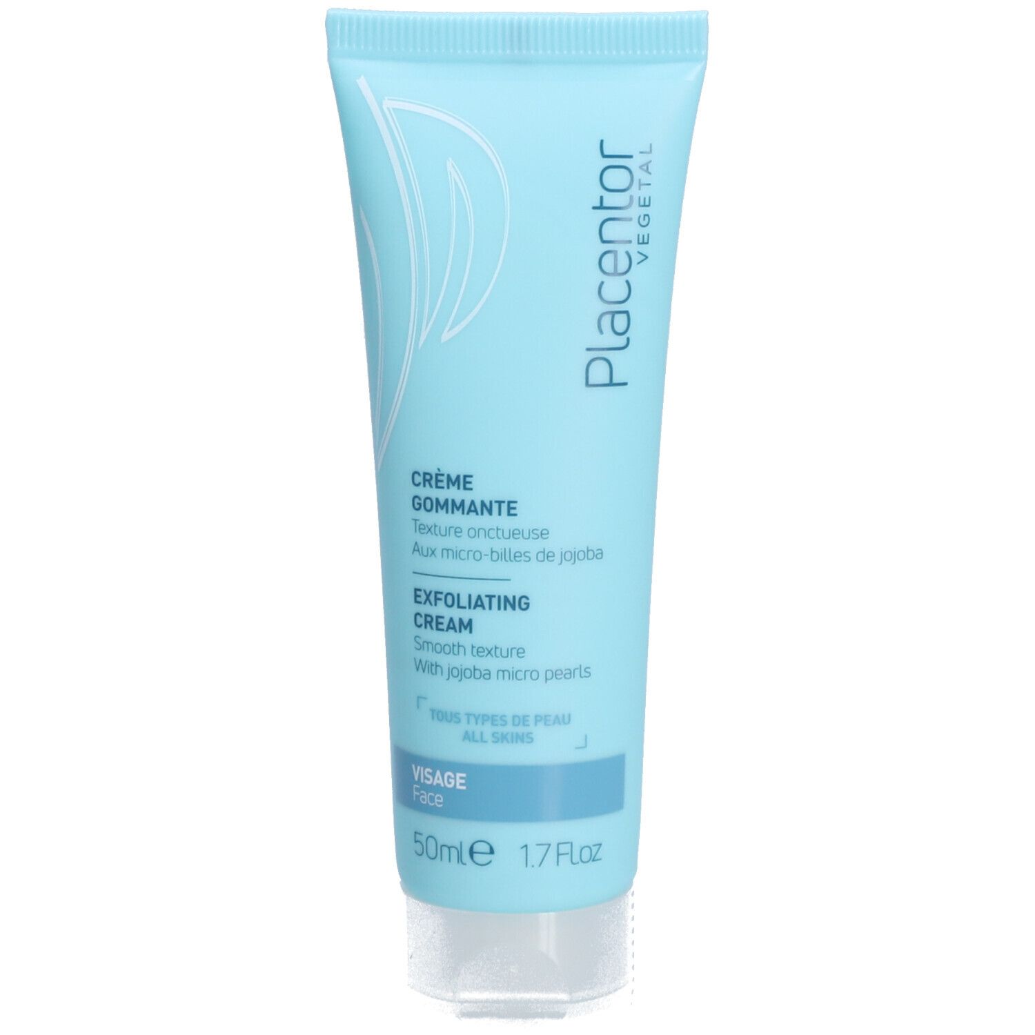 Tube bleu clair avec bouchon blanc. Inscription: Crème Gommante, Exfoliating Cream. Tous types de peaux. 50ml.