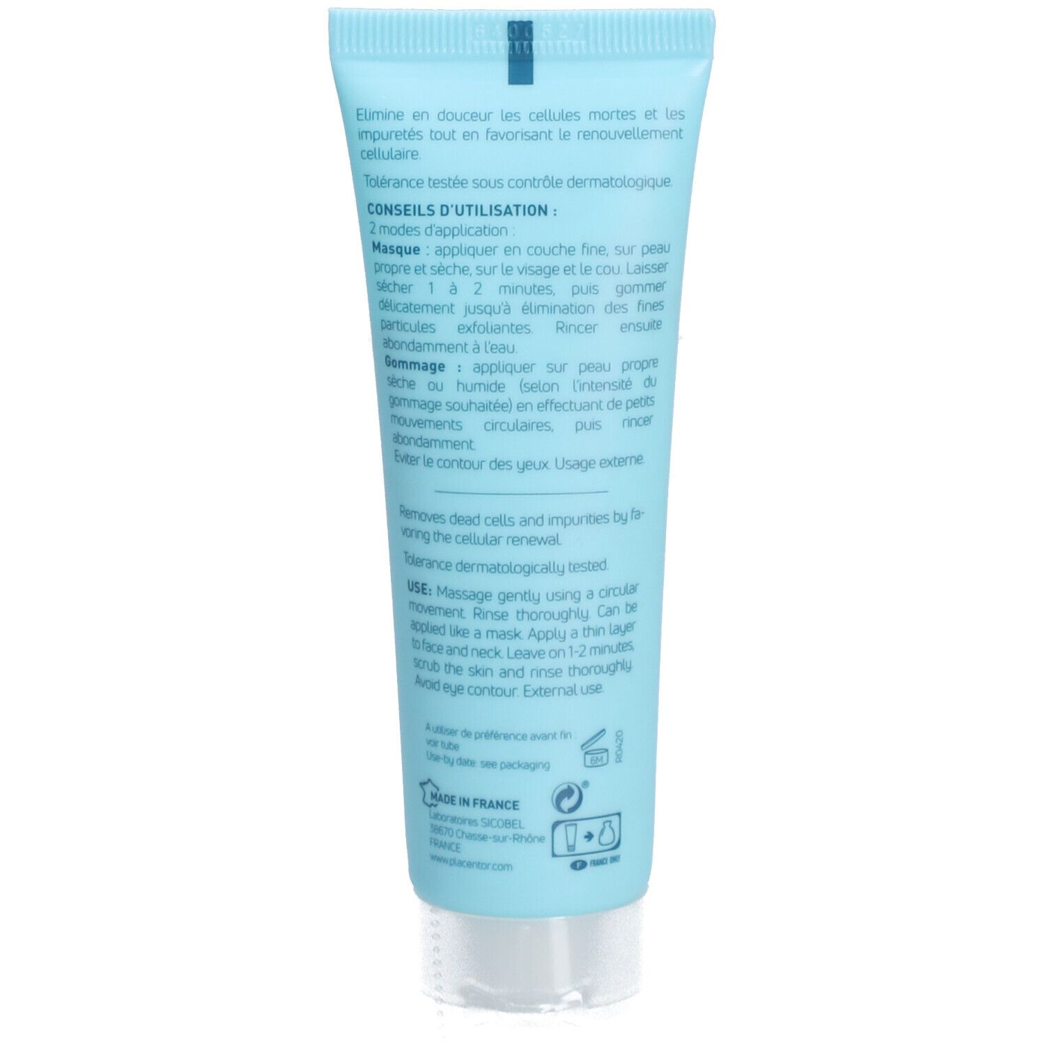 Dos du tube bleu clair. Texte multilingue. Conseils d'utilisation et ingrédients. Testé dermatologiquement.