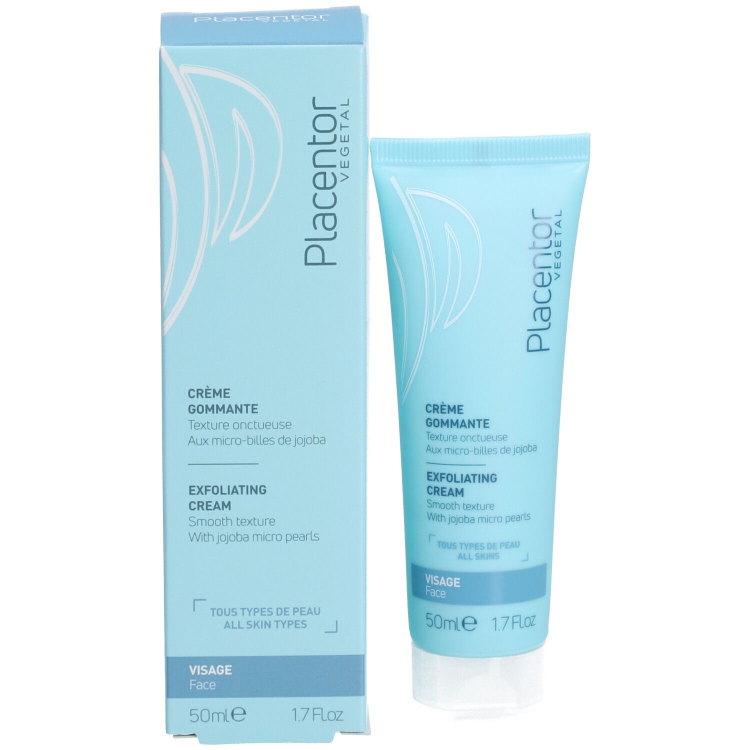 Tube et boîte bleu clair. Inscription: Crème Gommante, Exfoliating Cream. Tous types de peaux. 50ml. Avec logo.