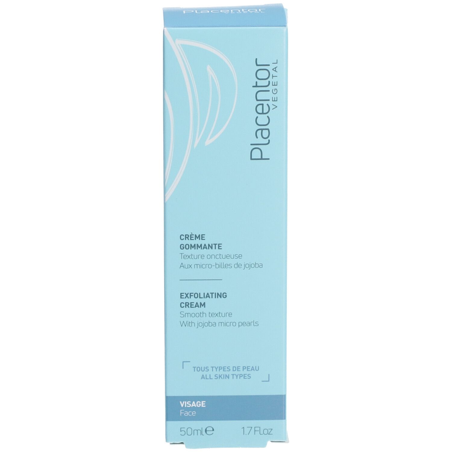 Boîte bleu clair. Inscription: Crème Gommante, Exfoliating Cream. Tous types de peaux. 50ml. Avec logo.