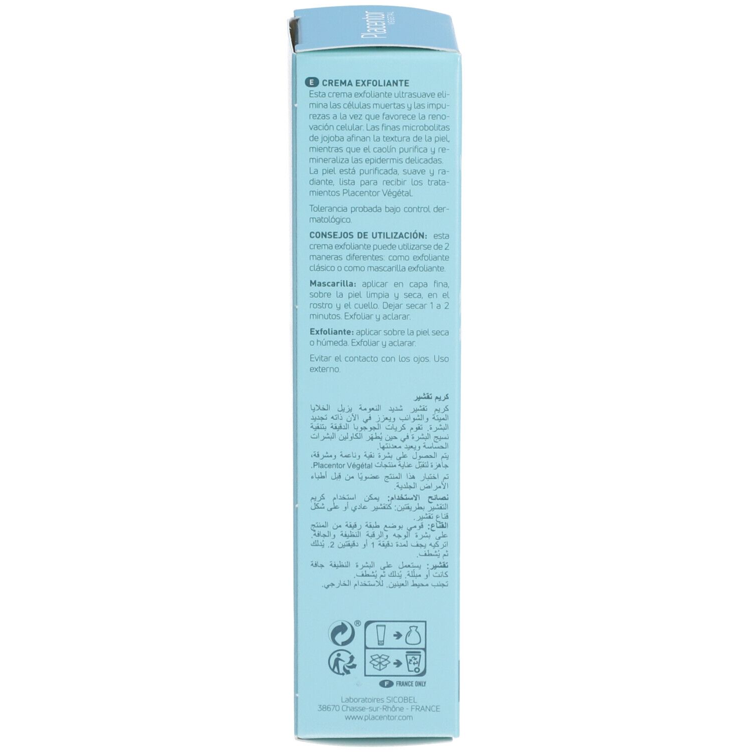 Dos de la boîte bleu clair. Texte multilingue. Conseils d'utilisation et ingrédients.