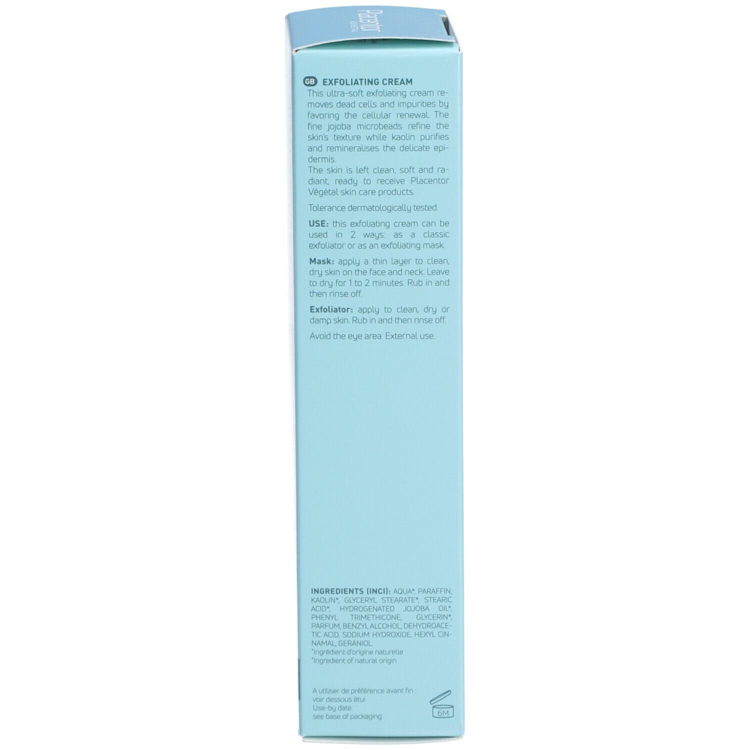 Côté de la boîte bleu clair. Texte multilingue. Conseils d'utilisation et ingrédients. Testé dermatologiquement.