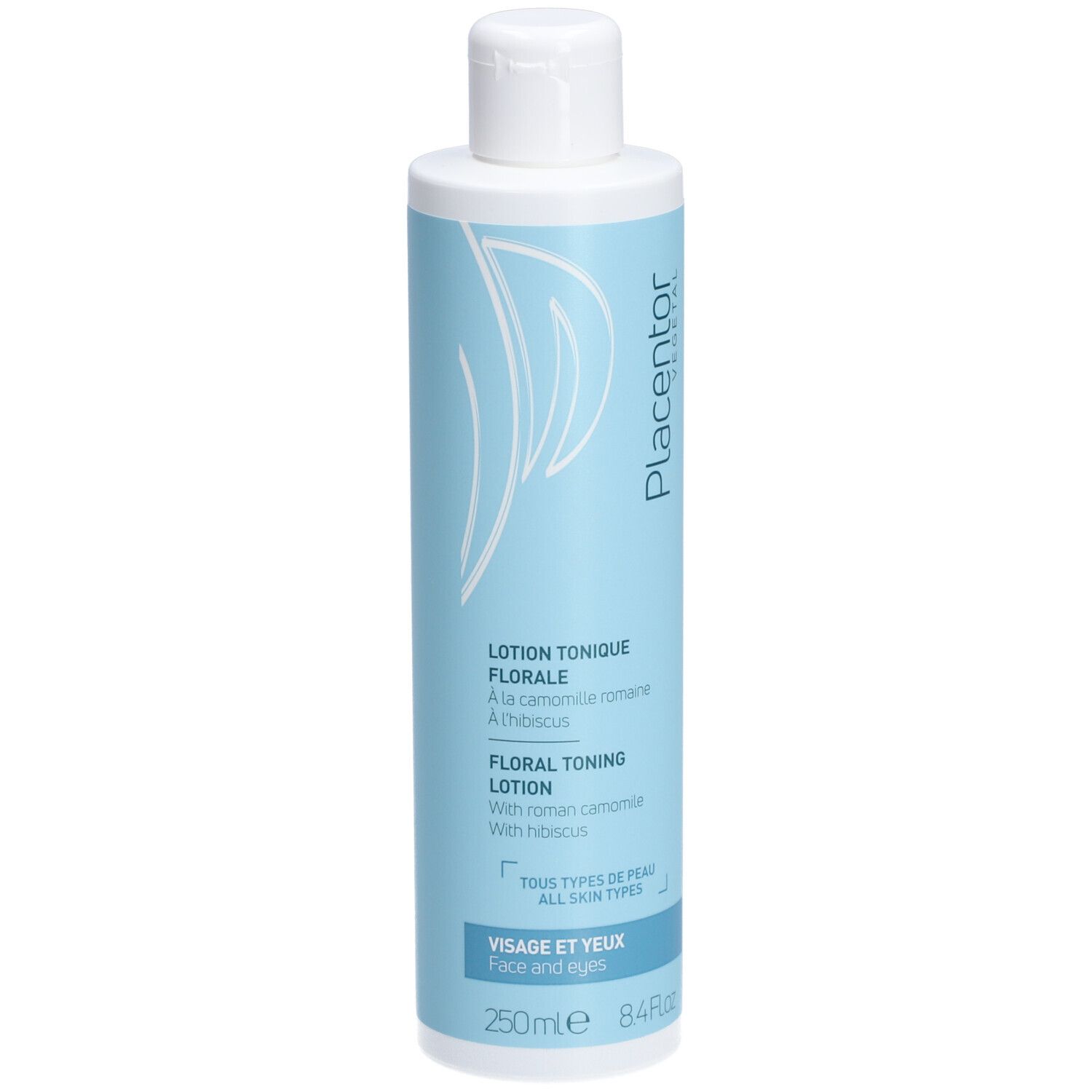 Flacon de lotion bleu clair, bouchon blanc. Texte: Placentor, Lotion Tonique Florale, 250ml, Visage et Yeux.