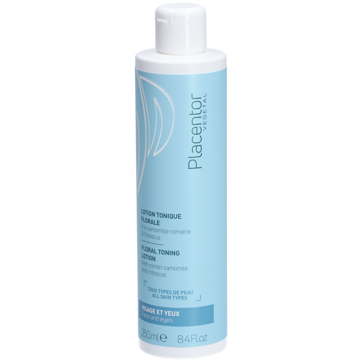Flacon de lotion bleu clair, bouchon blanc. Texte: Placentor Vegetal, Lotion Tonique Florale, 250ml, Visage et Yeux.