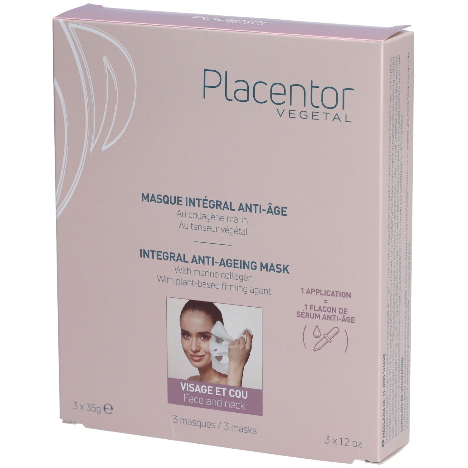 Boîte rose avec informations produit. Logo "Placentor Vegetal". Texte "Masque intégral anti-âge" et "Integral anti-ageing mask".