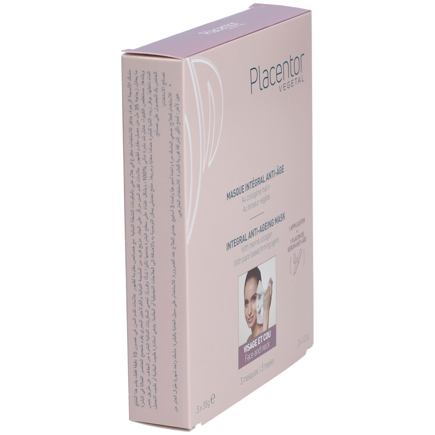 Emballage produit rose en biais. Logo "Placentor Vegetal". Texte et illustrations sur l'emballage.