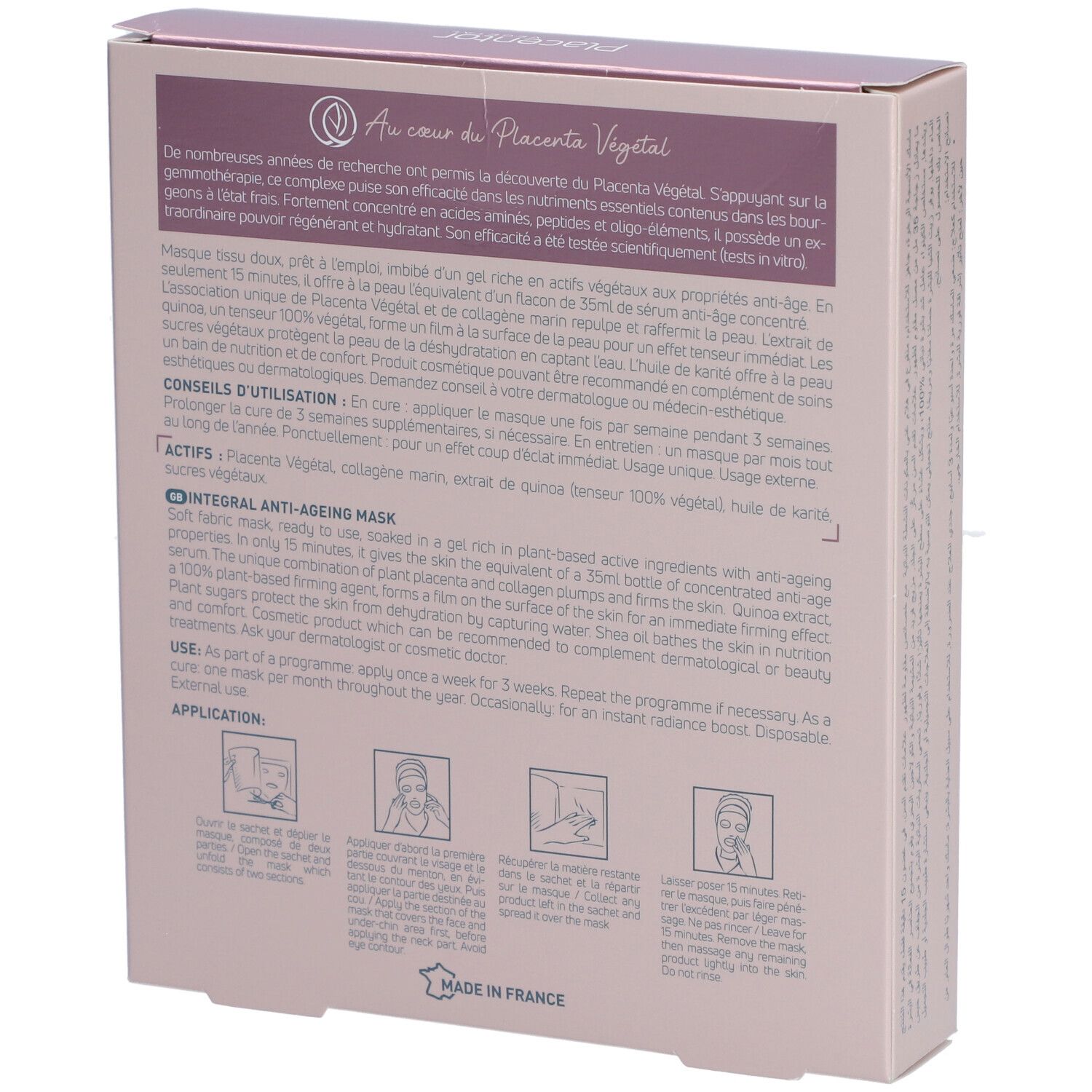 Dos de l'emballage produit rose. Texte multilingue. Illustrations et informations sur le produit.