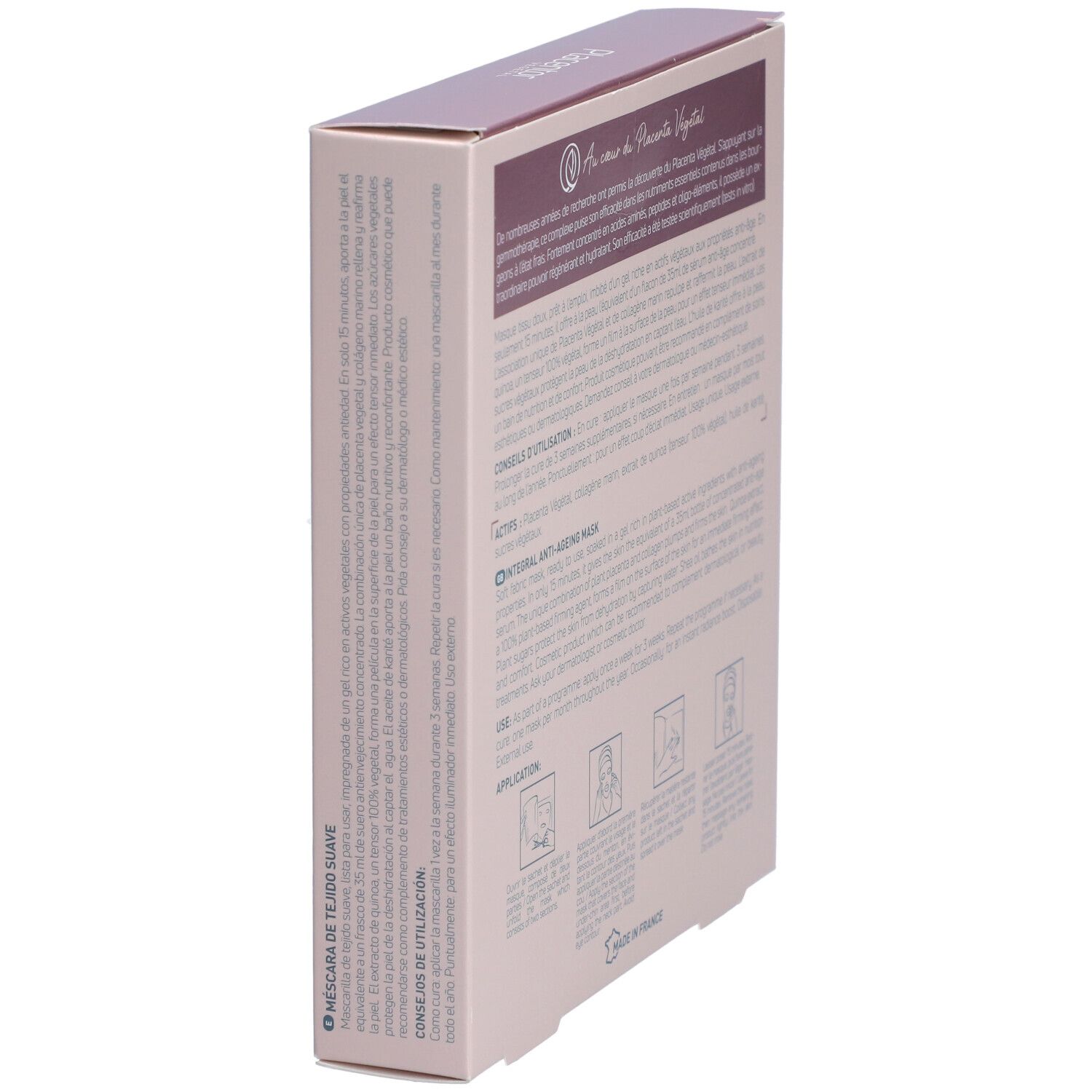 Emballage produit en biais. Texte et illustrations sur l'emballage. Coloris rose.