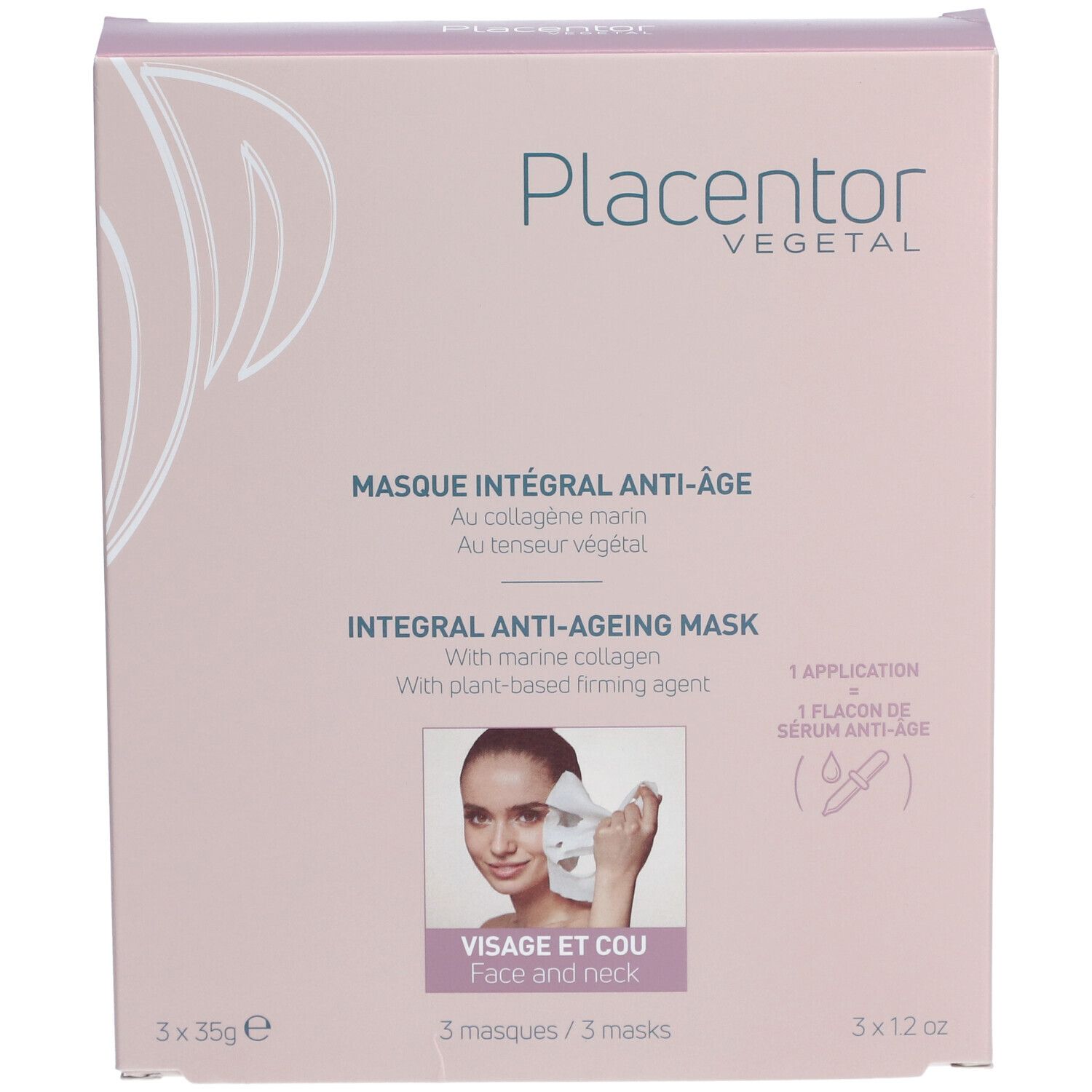 Emballage produit rose avec texte et illustrations. Logo "Placentor Vegetal". Texte "Masque intégral anti-âge".