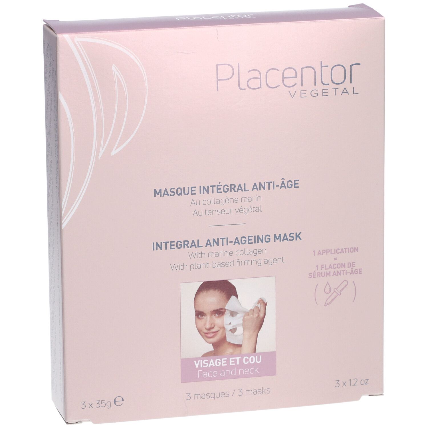 Emballage produit rose avec texte et illustrations. Logo "Placentor Vegetal". Texte "Masque intégral anti-âge".