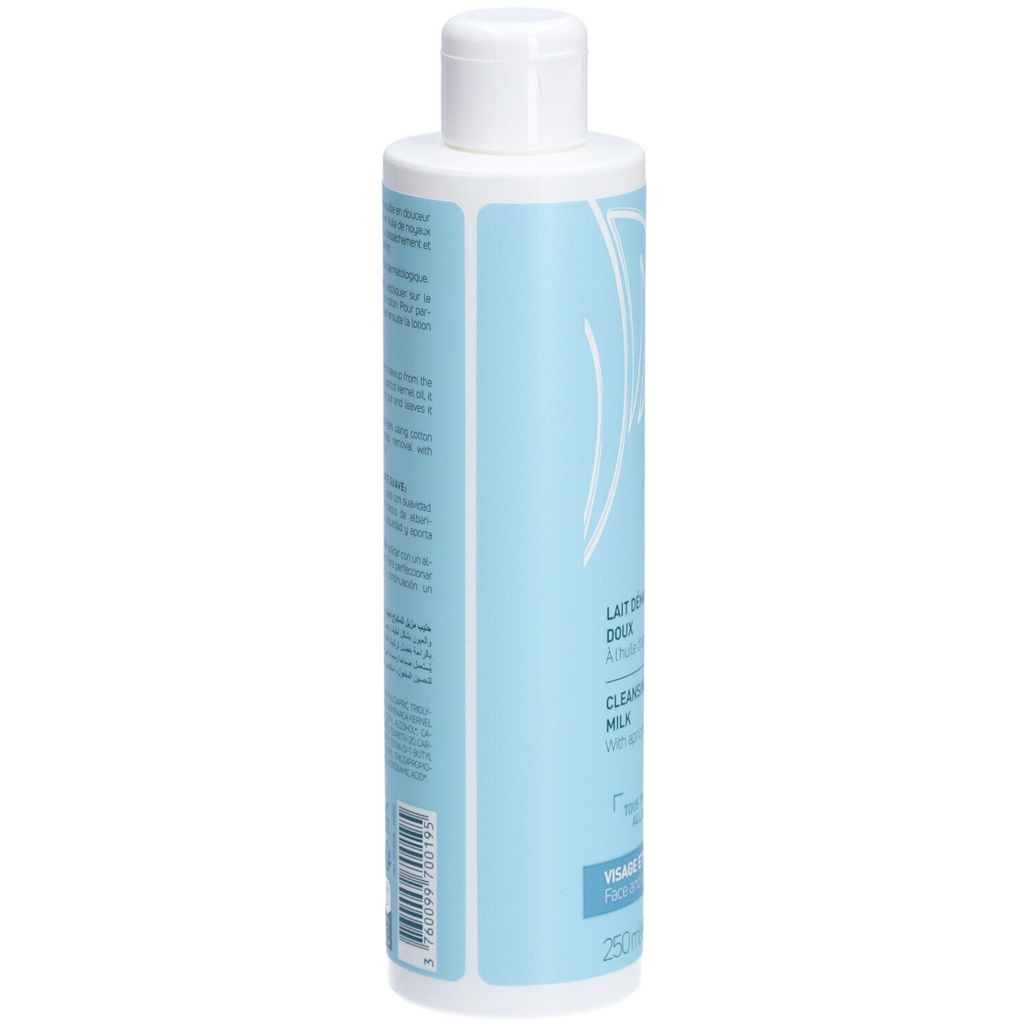 Flacon de lait démaquillant bleu clair, bouchon blanc. Dos avec texte multilingue. Étiquette avec informations produit.