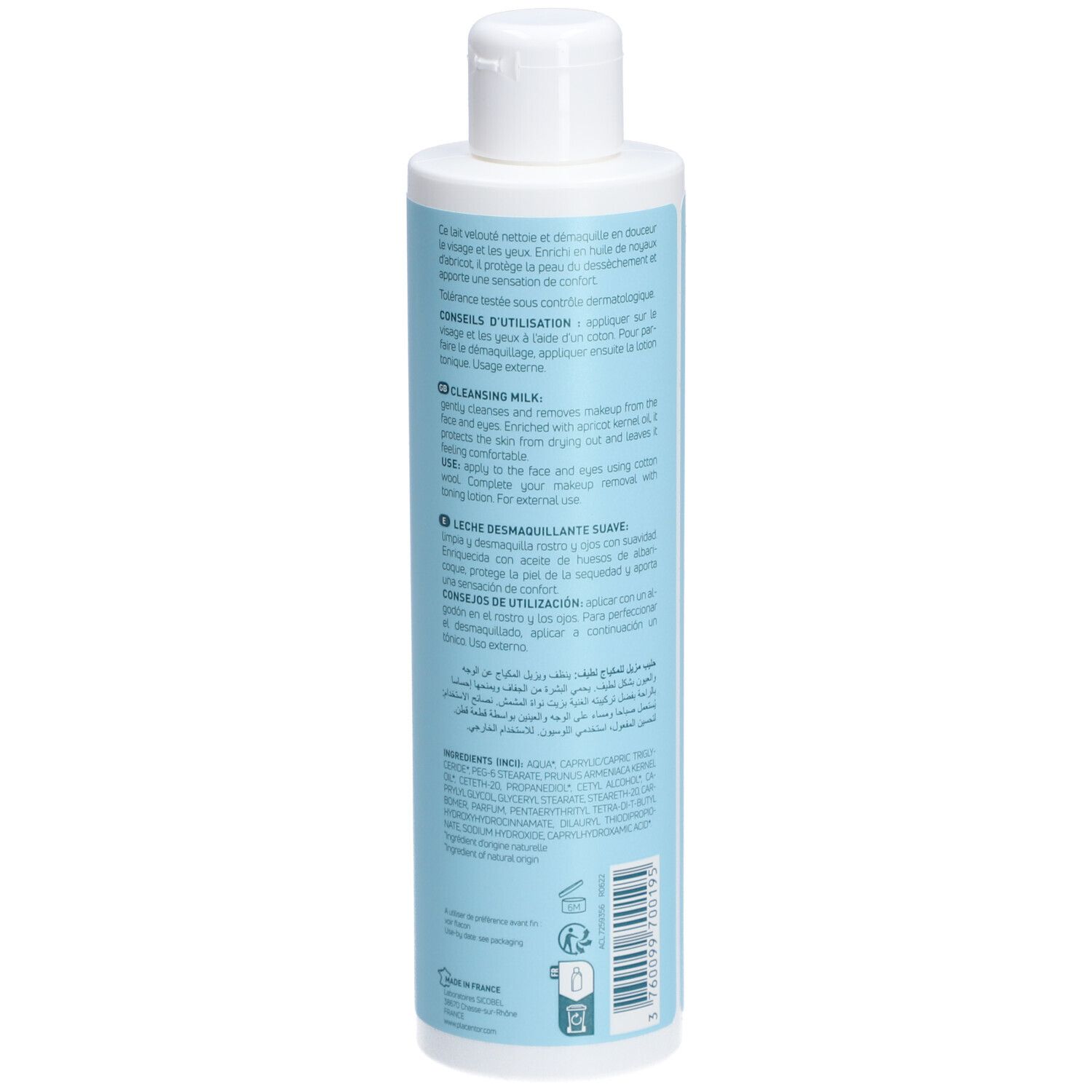 Flacon de lait démaquillant bleu clair, bouchon blanc. Dos avec texte multilingue. Étiquette avec informations produit.