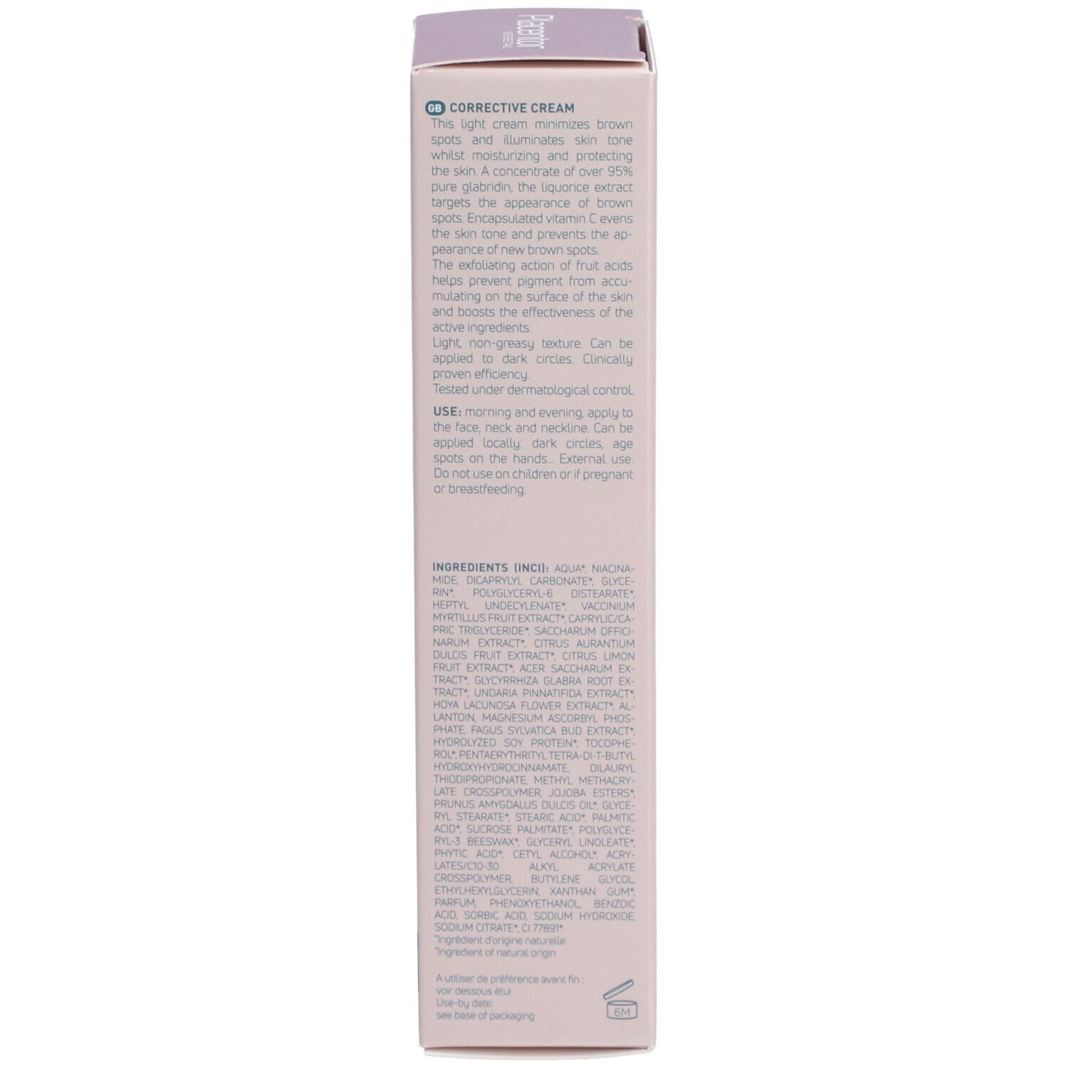 Côté de l'emballage. Corrective Cream. Ingrédients, Fabriqué en France. Testé dermatologiquement.
