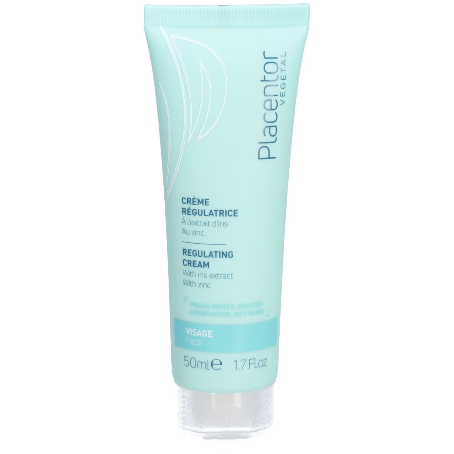 Tube bleu clair Placentor Vegetal. Crème Régulatrice, Regulating Cream. Ingrédients et texte en français. 50ml, 1.7 fl.oz.