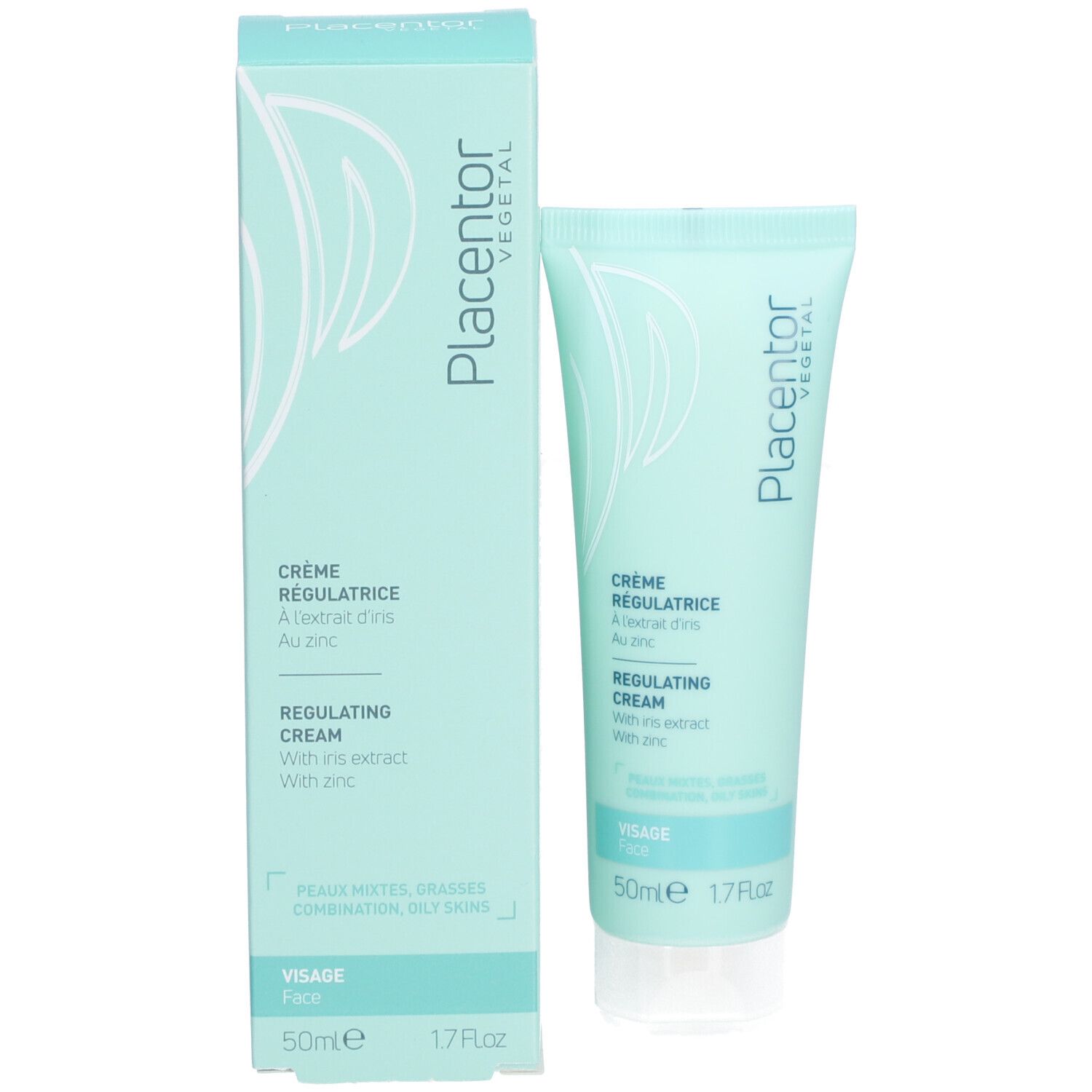 Tube et boîte bleu clair. Texte: Placentor Vegetal, Crème Régulatrice, Regulating Cream. 50ml, 1.7 fl.oz. Impression.