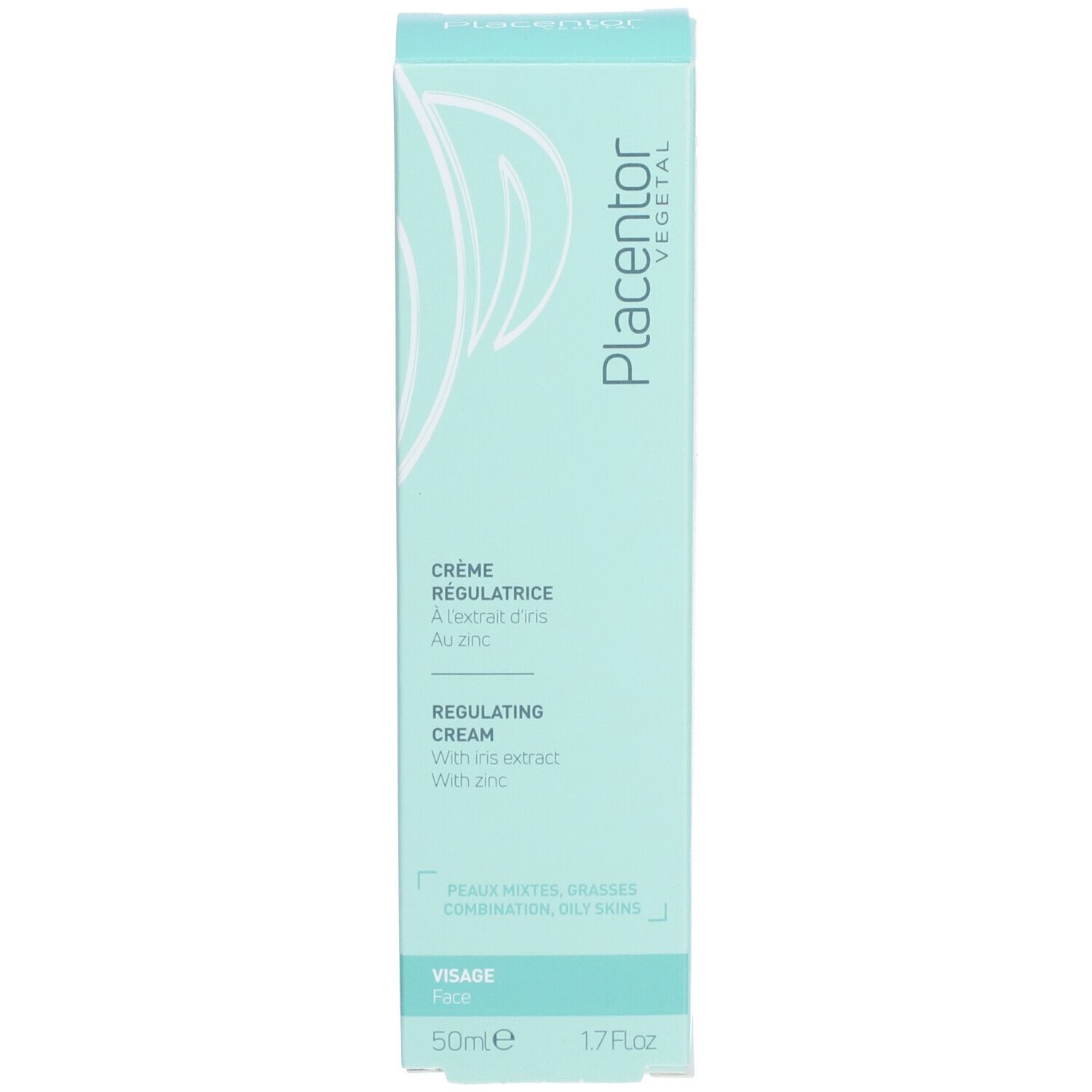 Boîte bleu clair. Texte: Placentor Vegetal, Crème Régulatrice, Regulating Cream. 50ml, 1.7 fl.oz. Pour peaux mixtes.