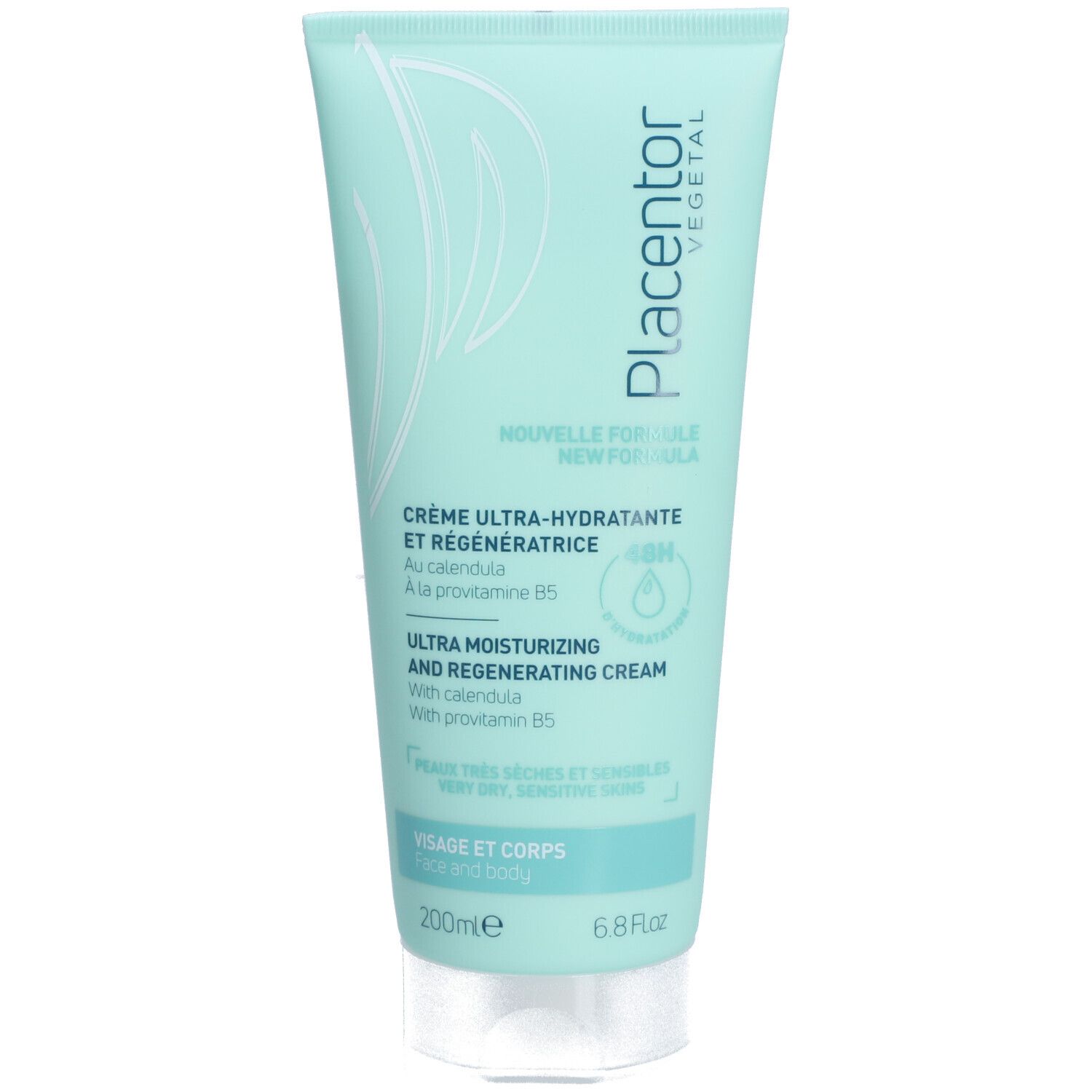 Tube turquoise. Logo "Placentor Vegetal". Texte "Crème Ultra-Hydratante". 200ml. Pour peaux sèches et sensibles.