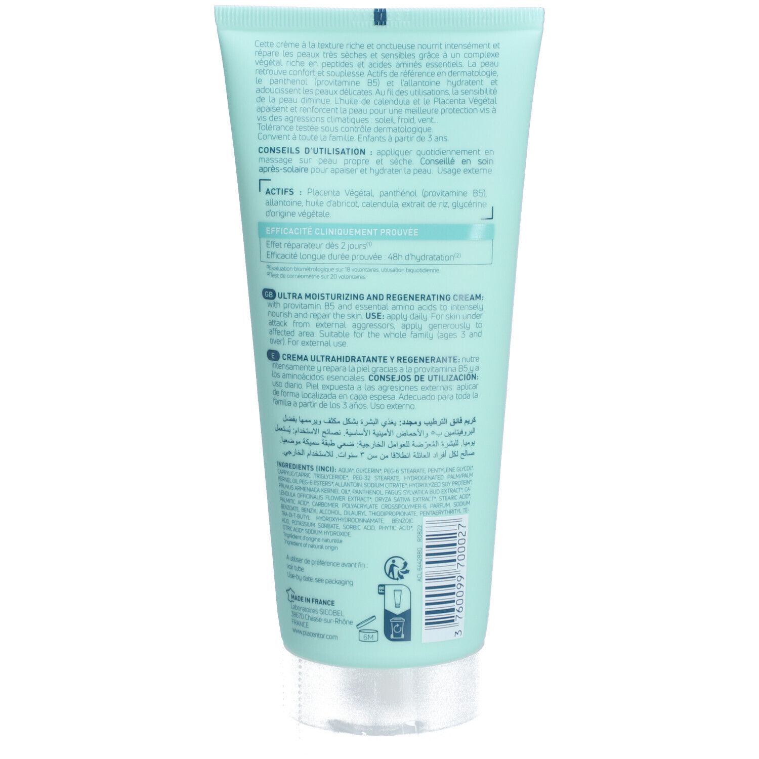 Dos du tube. Texte multilingue. Ingrédients et instructions d'utilisation. Coloris turquoise et blanc.