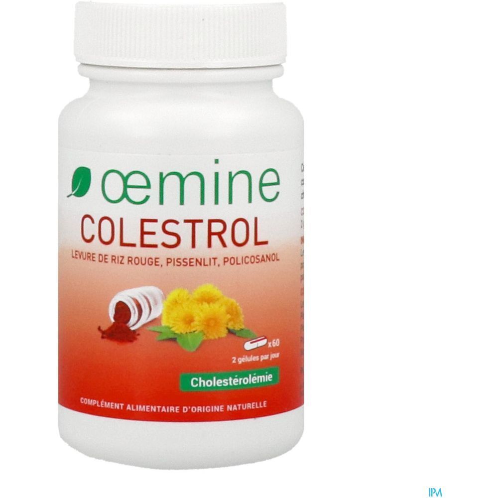 Flacon blanc Oemine Colestrol. Fond rouge avec gélules et fleurs de pissenlit. Texte: Cholestérolémie. 60 gélules.