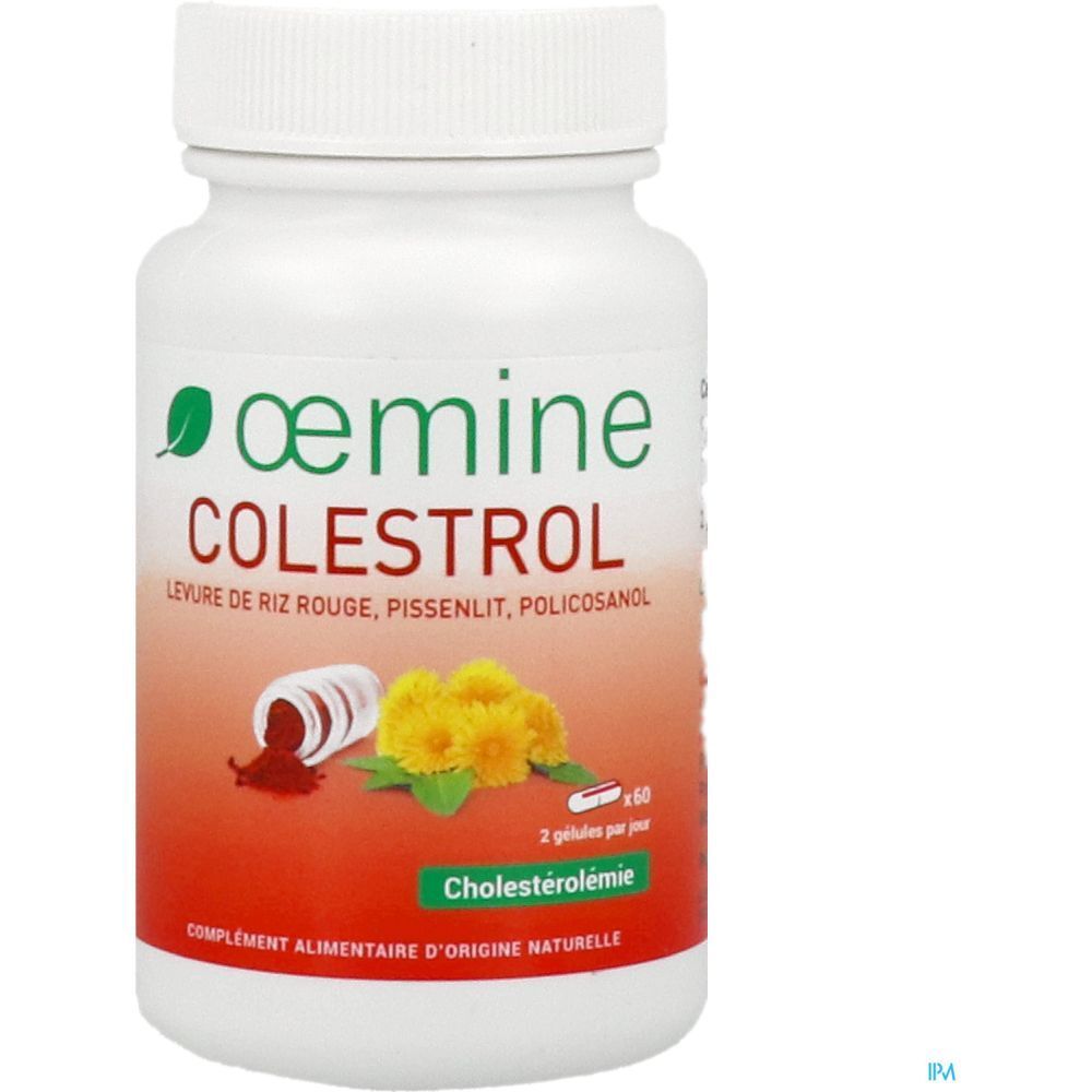 Flacon blanc Oemine Colestrol. Fond rouge avec gélules et fleurs de pissenlit. Texte: Cholestérolémie. 60 gélules.
