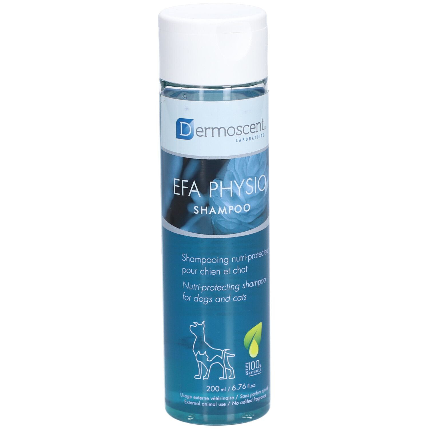 Dermoscent EFA Physio Shampoo-Flasche. Weißer Deckel, blaue Flüssigkeit. Aufschrift: EFA Physio Shampoo, für Hunde und Katzen.