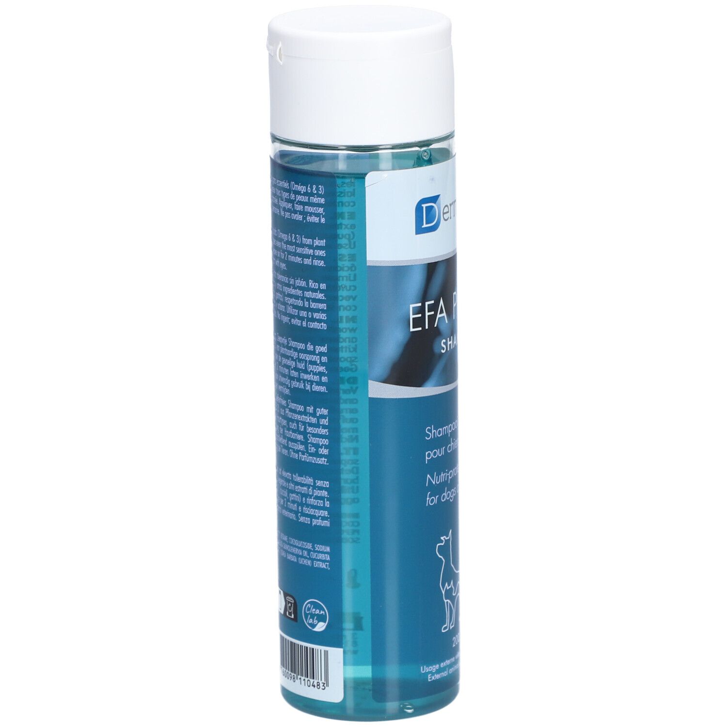 Dermoscent EFA Physio Shampoo-Flasche. Rückseite mit Text in verschiedenen Sprachen. Blaue Flüssigkeit, weißer Deckel.