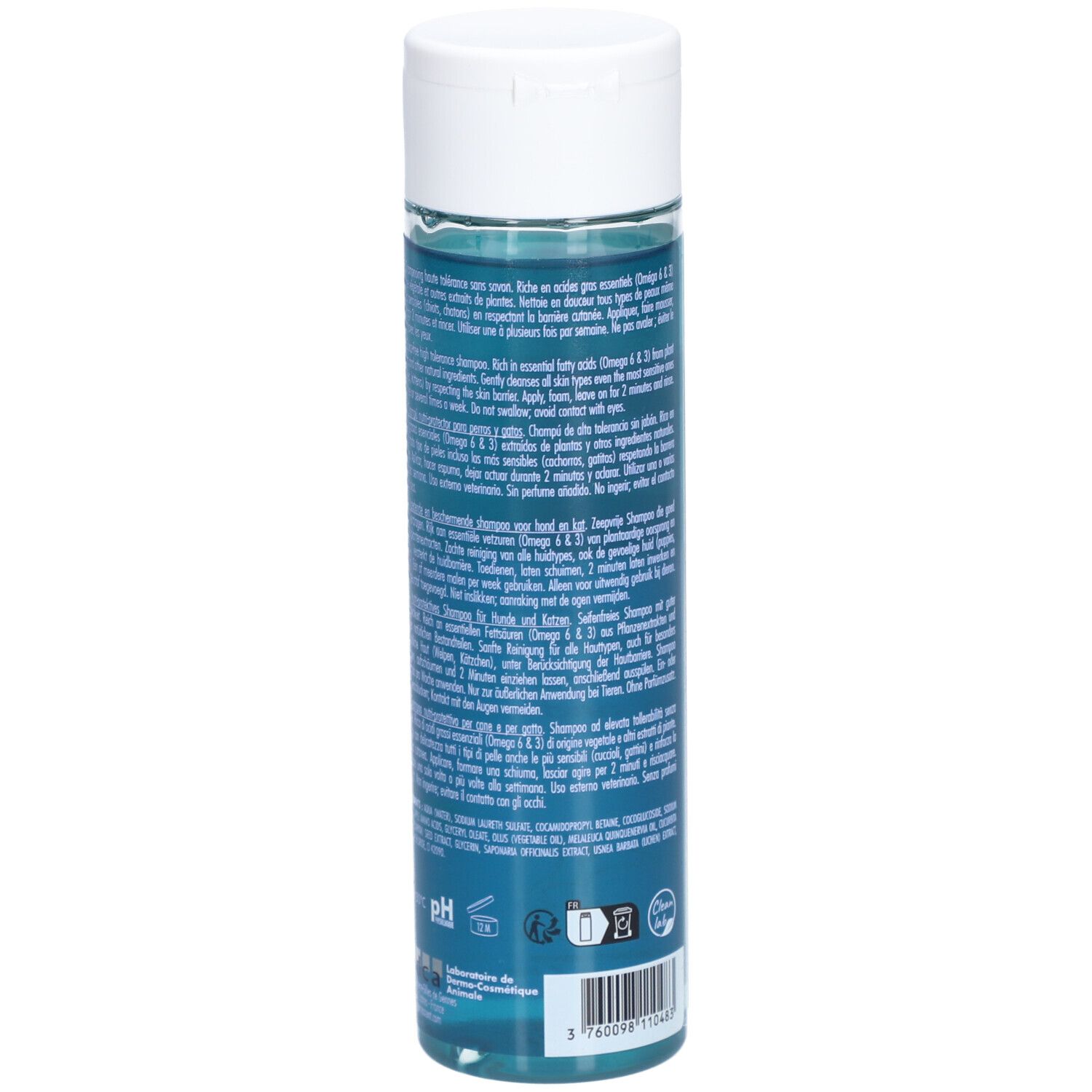 Dermoscent EFA Physio Shampoo-Flasche. Rückseite mit Text in verschiedenen Sprachen. Blaue Flüssigkeit, weißer Deckel.