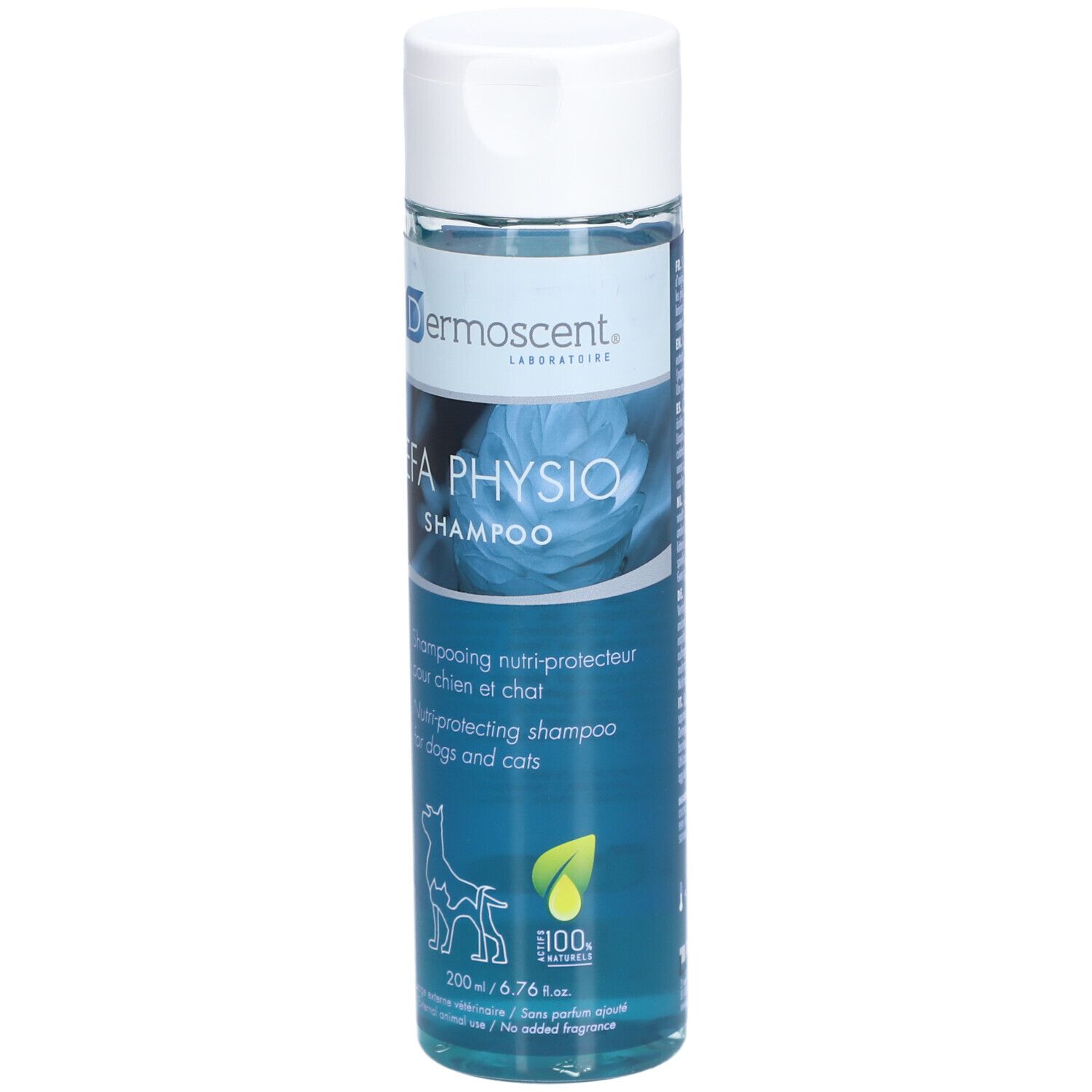 Dermoscent EFA Physio Shampoo-Flasche. Weißer Deckel, blaue Flüssigkeit. Aufschrift: EFA Physio Shampoo, für Hunde und Katzen.