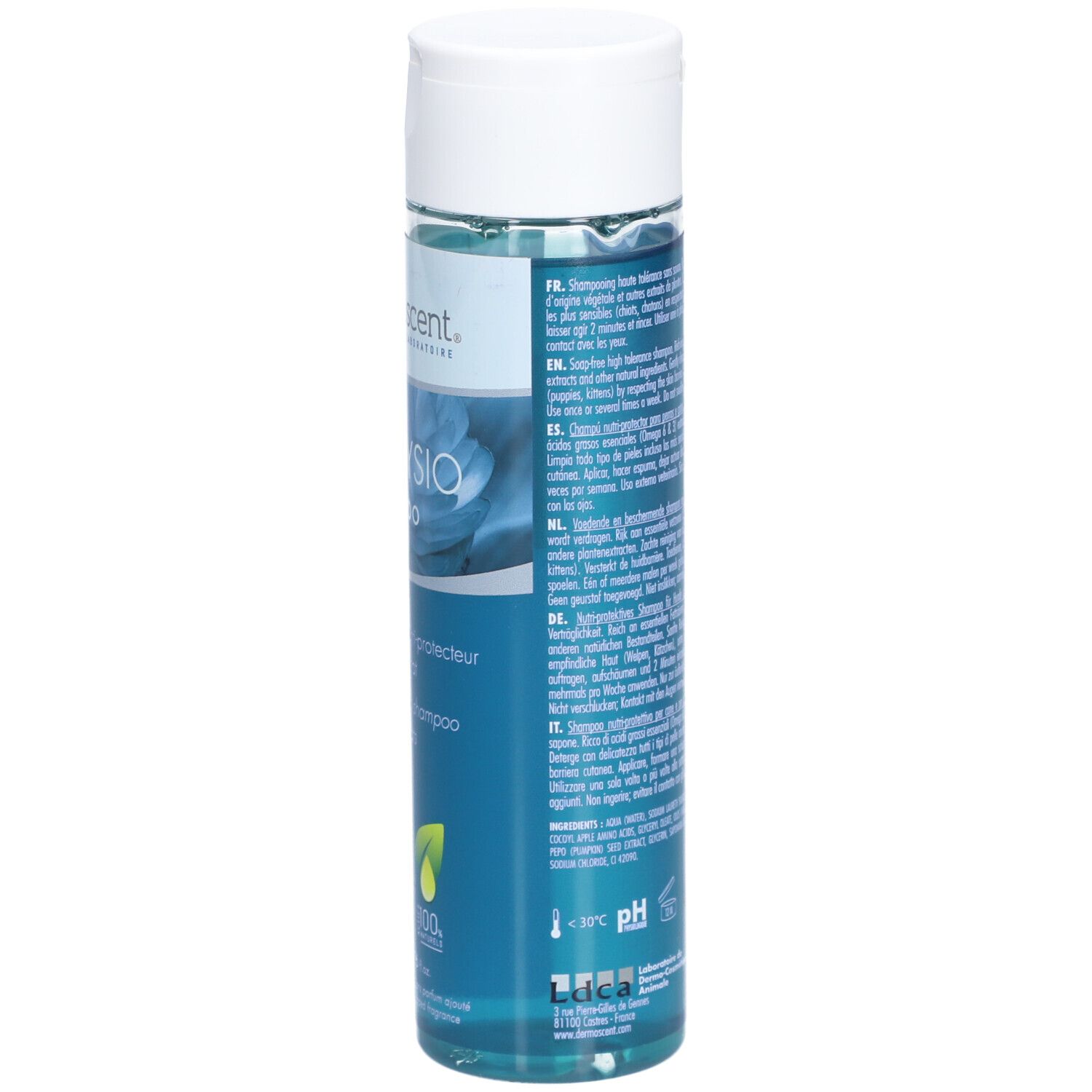 Dermoscent EFA Physio Shampoo-Flasche. Rückseite mit Text in verschiedenen Sprachen. Blaue Flüssigkeit, weißer Deckel.