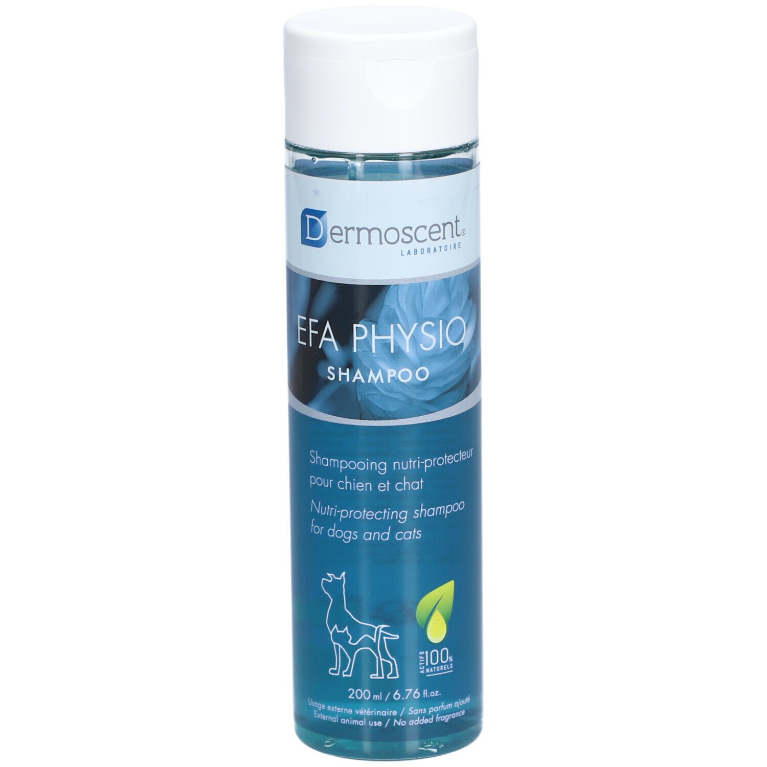 Dermoscent EFA Physio Shampoo-Flasche. Weißer Deckel, blaue Flüssigkeit. Aufschrift: EFA Physio Shampoo, für Hunde und Katzen.
