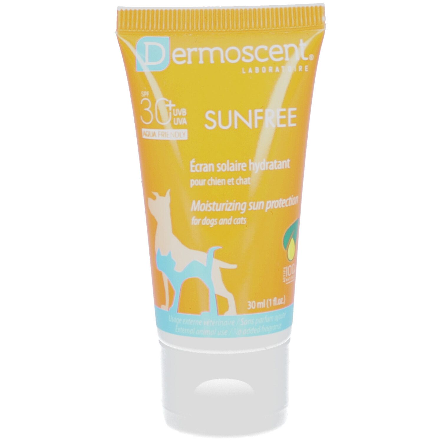 Tube jaune "Dermoscent Sunfree" pour chiens et chats. Protection solaire hydratante SPF 30+. Illustration d'un chien.